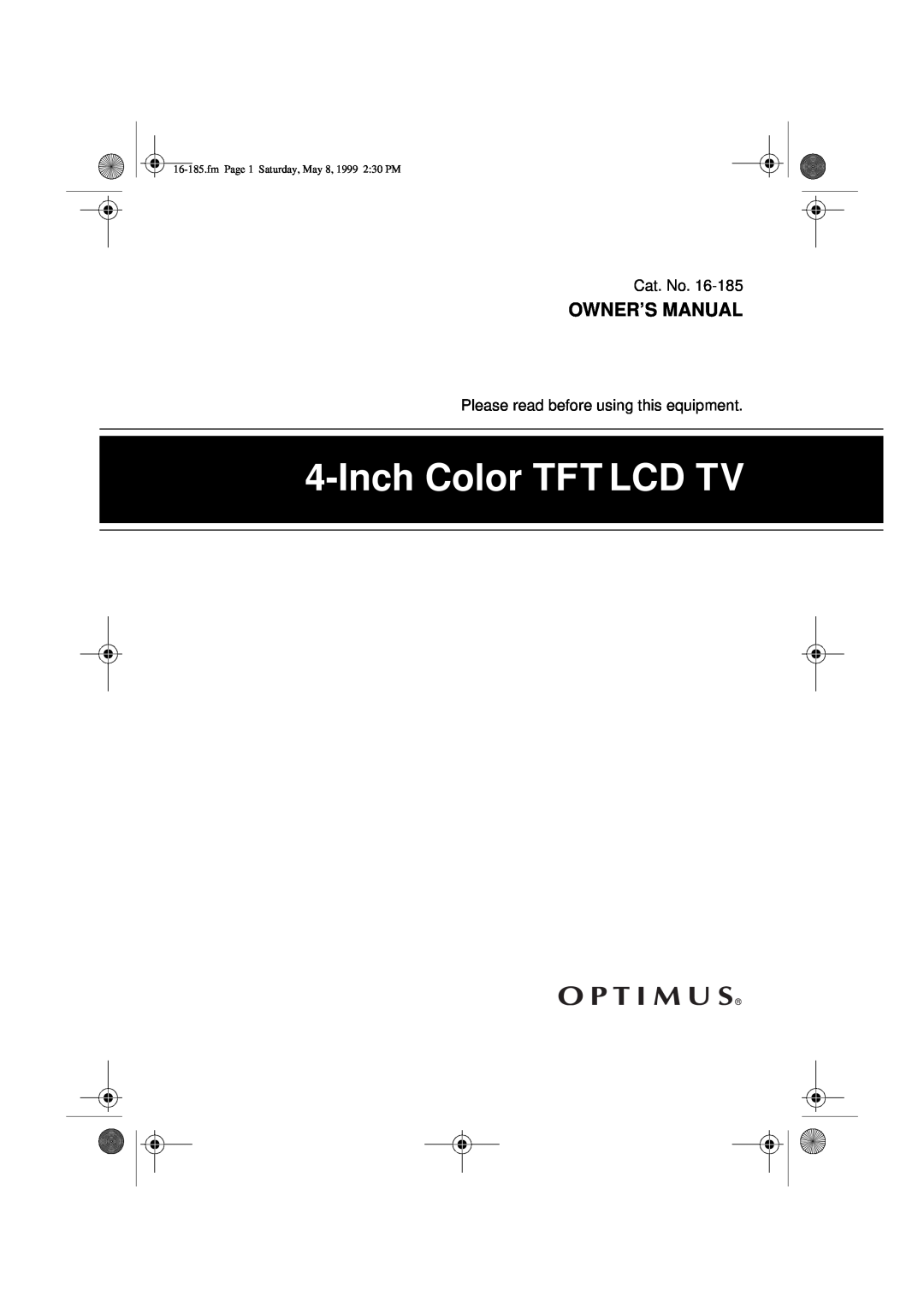 Panasonic 16-185 owner manual Owner’S Manual, Inch Color TFT LCD TV, fm Page 1 Saturday, May 8, 1999 230 PM 