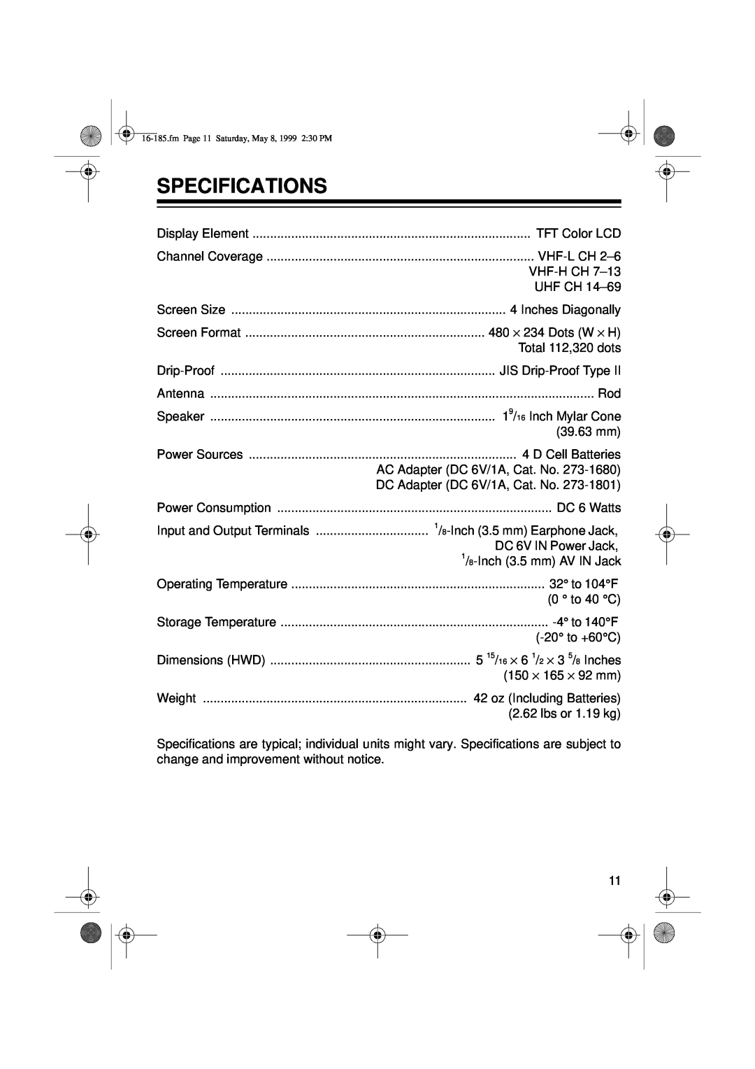 Panasonic 16-185 owner manual Specifications 