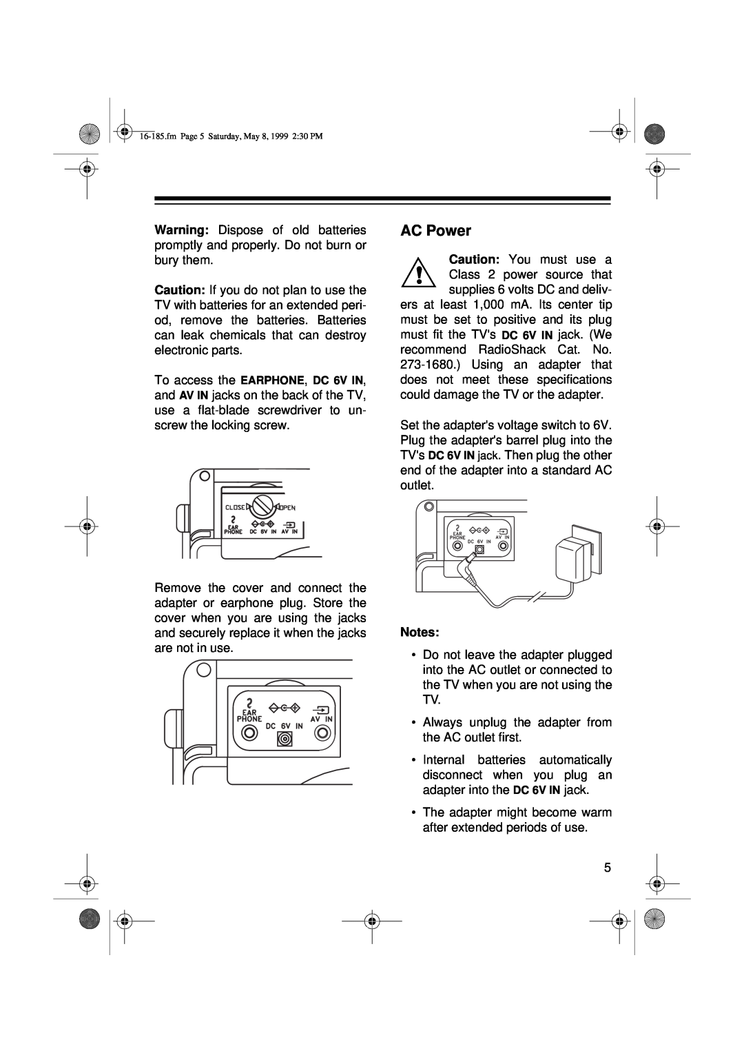 Panasonic 16-185 owner manual AC Power 