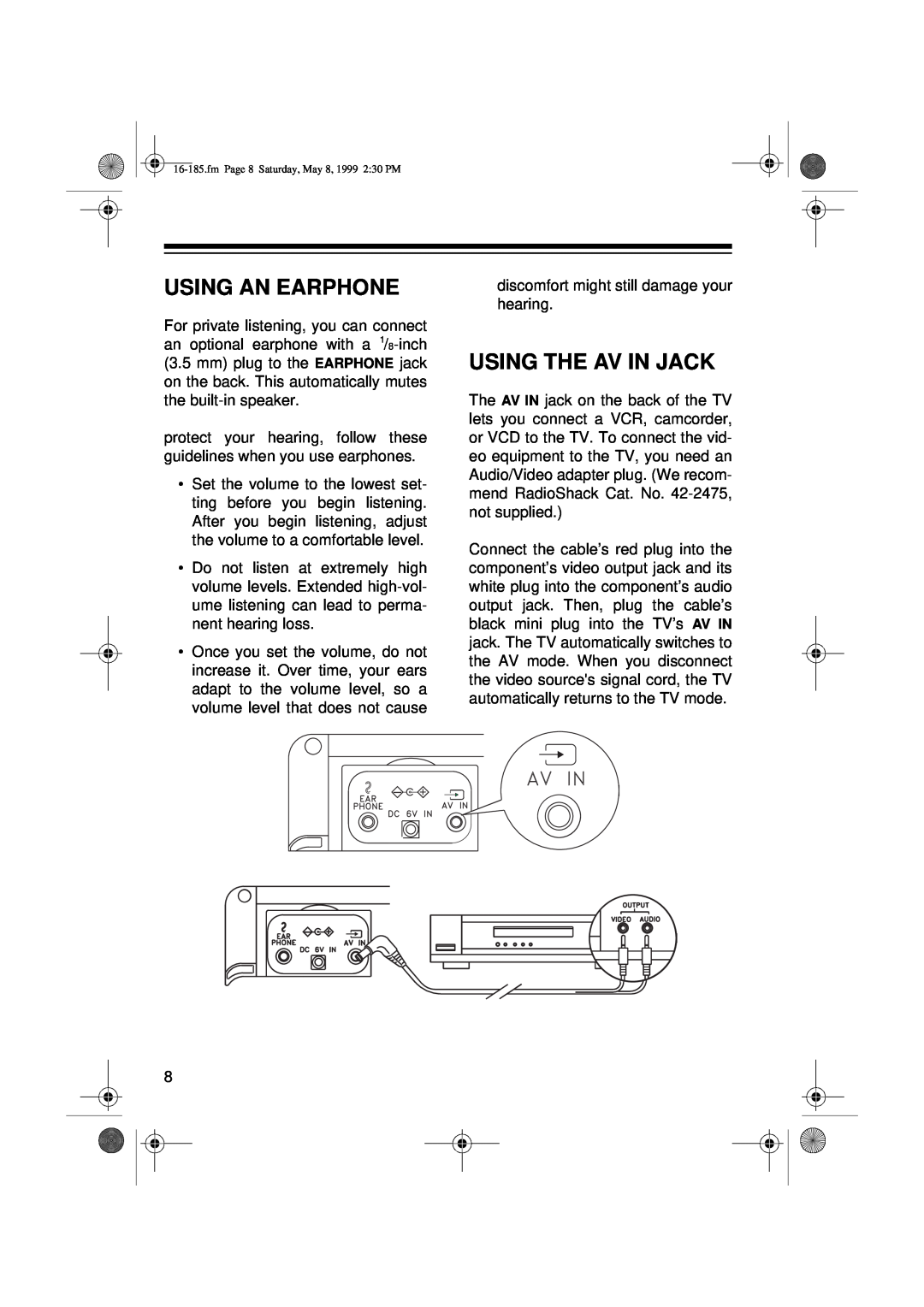 Panasonic 16-185 owner manual Using An Earphone, Using The Av In Jack 