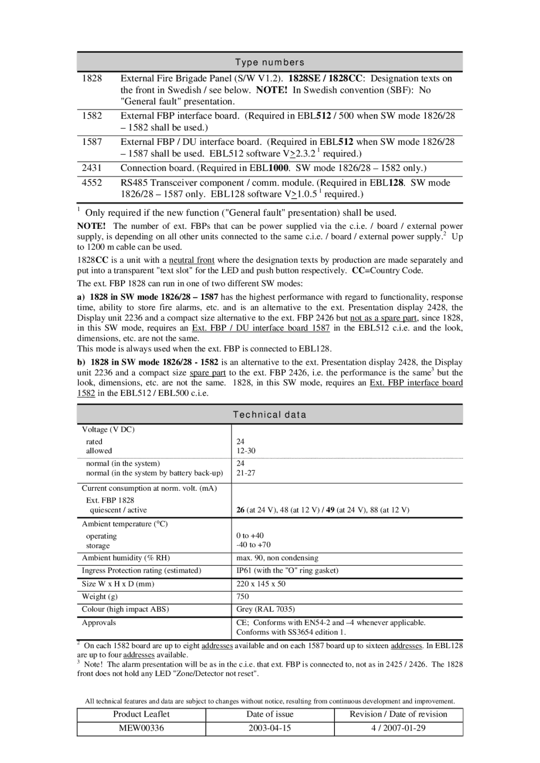 Panasonic 1828 manual Type numbers, Technical data 