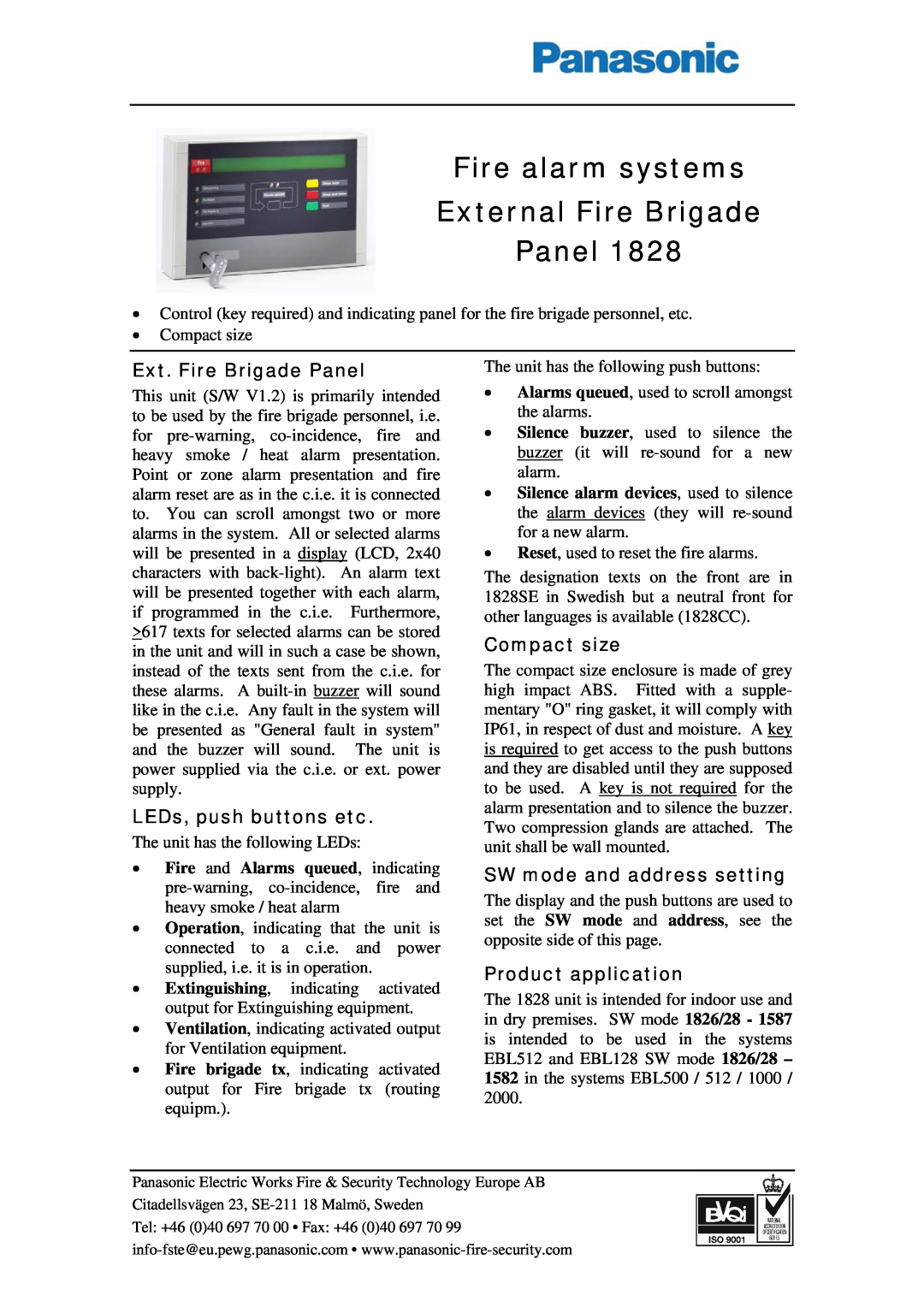 Panasonic 1828 manual Fire alarm systems External Fire Brigade Panel, Ext. Fire Brigade Panel, LEDs, push buttons etc 