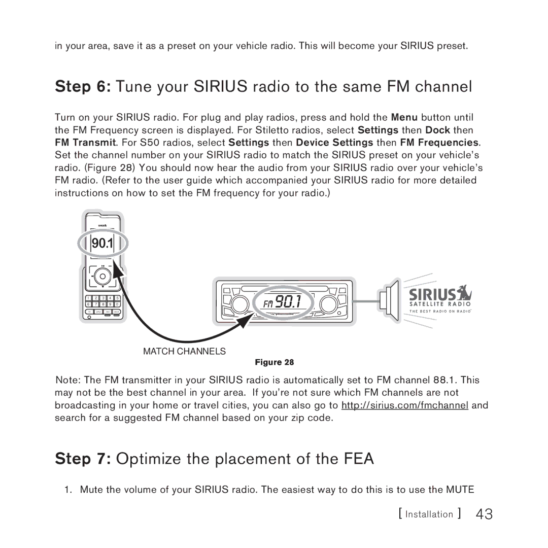 Panasonic 2 manual Tune your Sirius radio to the same FM channel, Optimize the placement of the FEA 