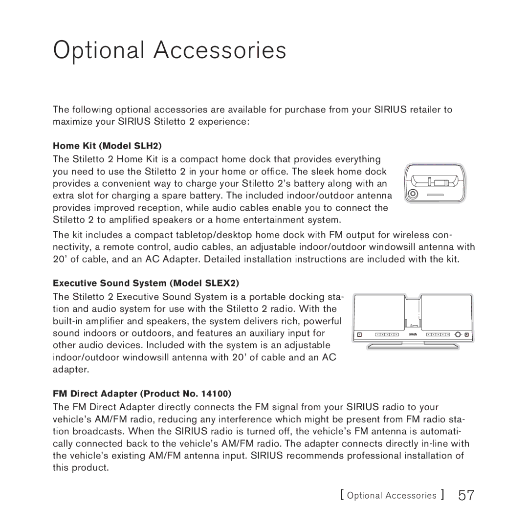 Panasonic Optional Accessories, Home Kit Model SLH2, Executive Sound System Model SLEX2, FM Direct Adapter Product No 