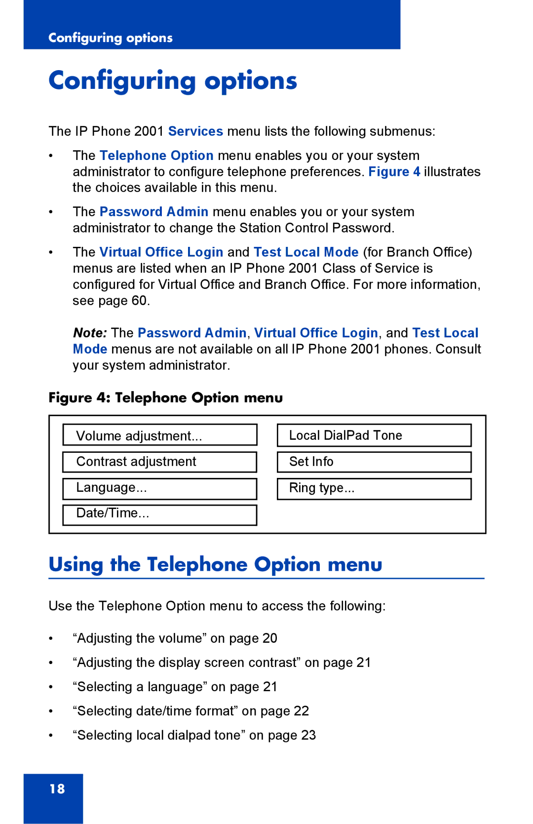 Panasonic 2001 manual Configuring options, Using the Telephone Option menu 