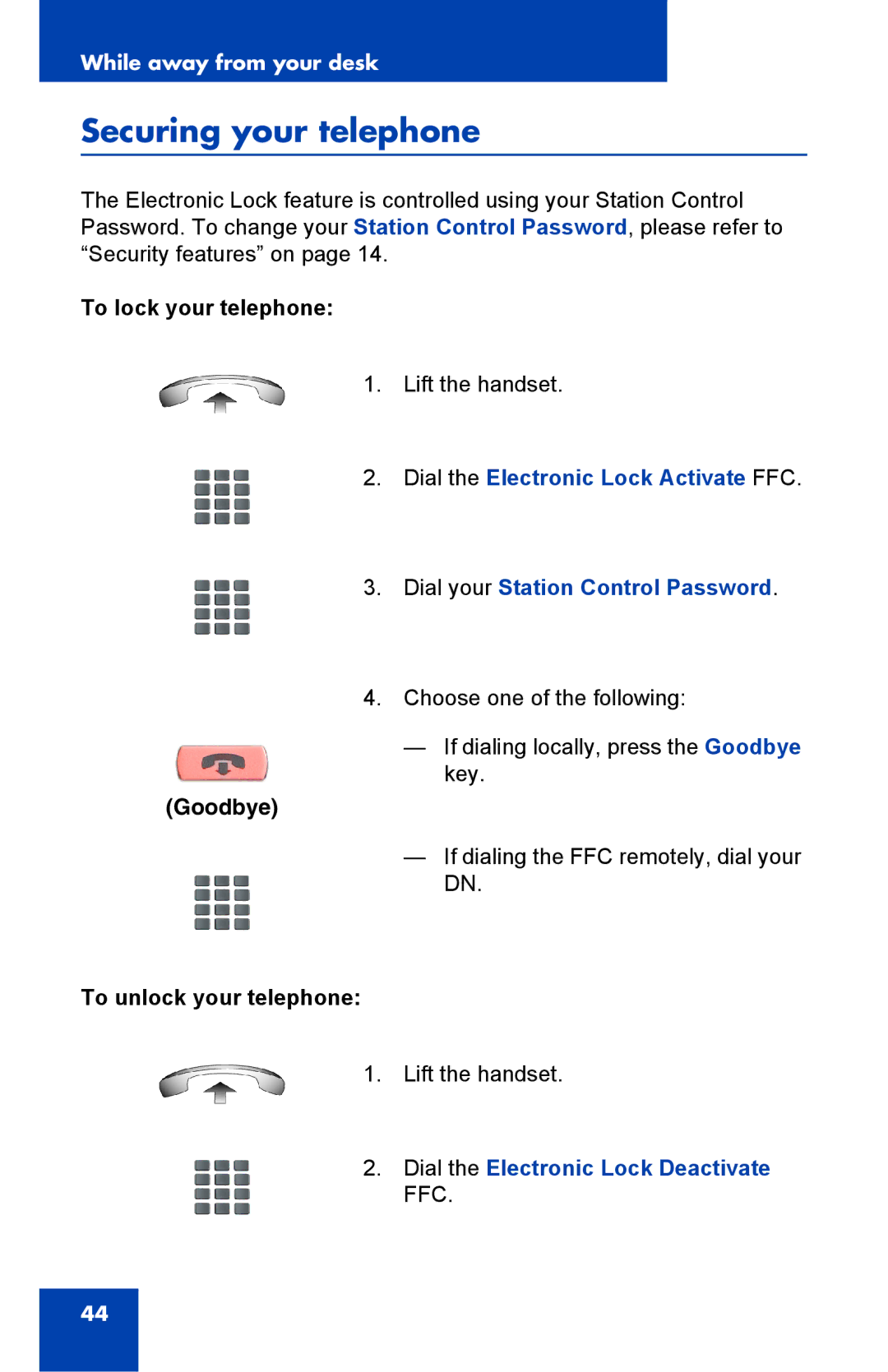 Panasonic 2001 manual Securing your telephone, To lock your telephone, To unlock your telephone 