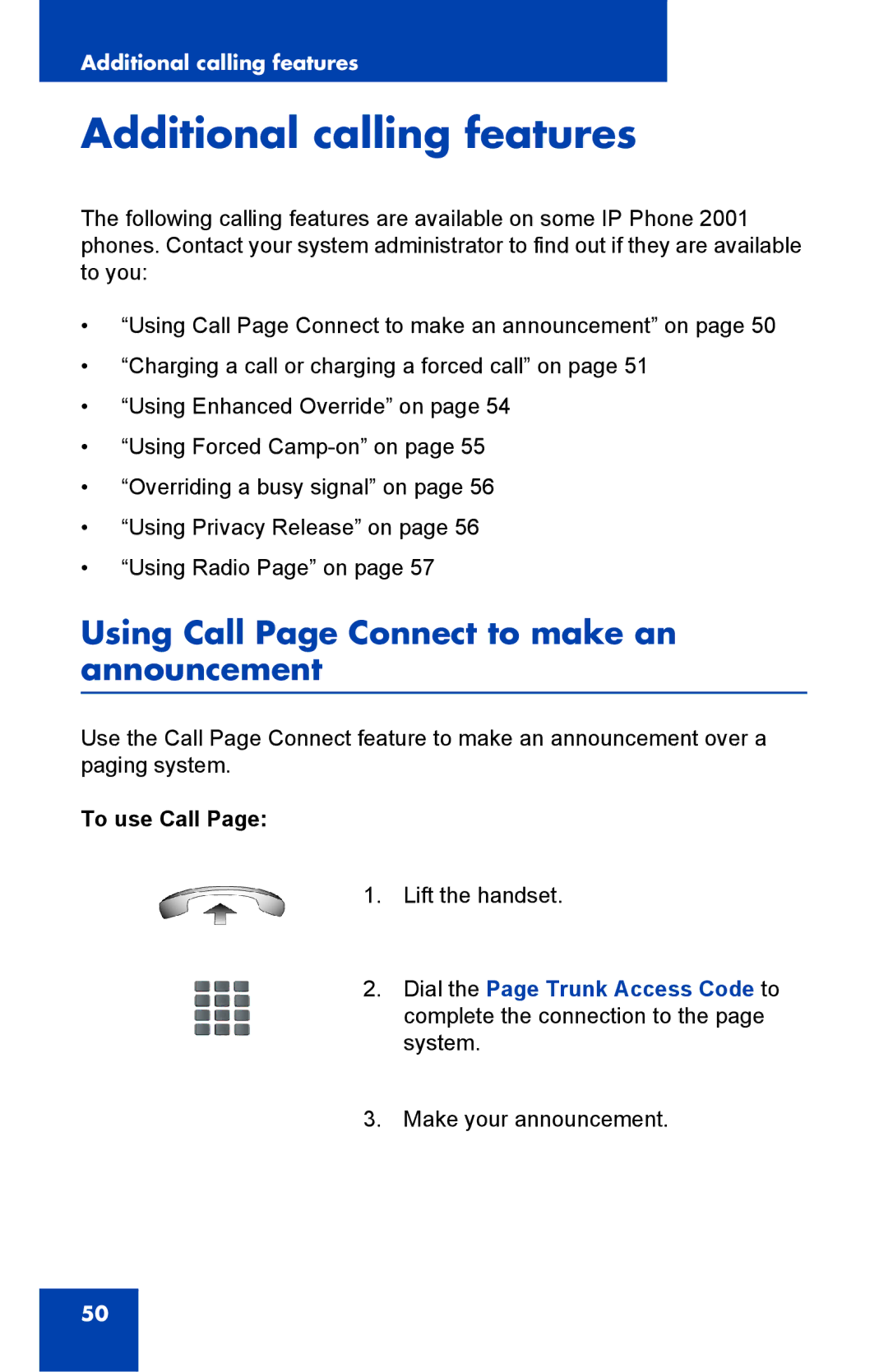 Panasonic 2001 manual Additional calling features, Using Call Page Connect to make an announcement, To use Call 