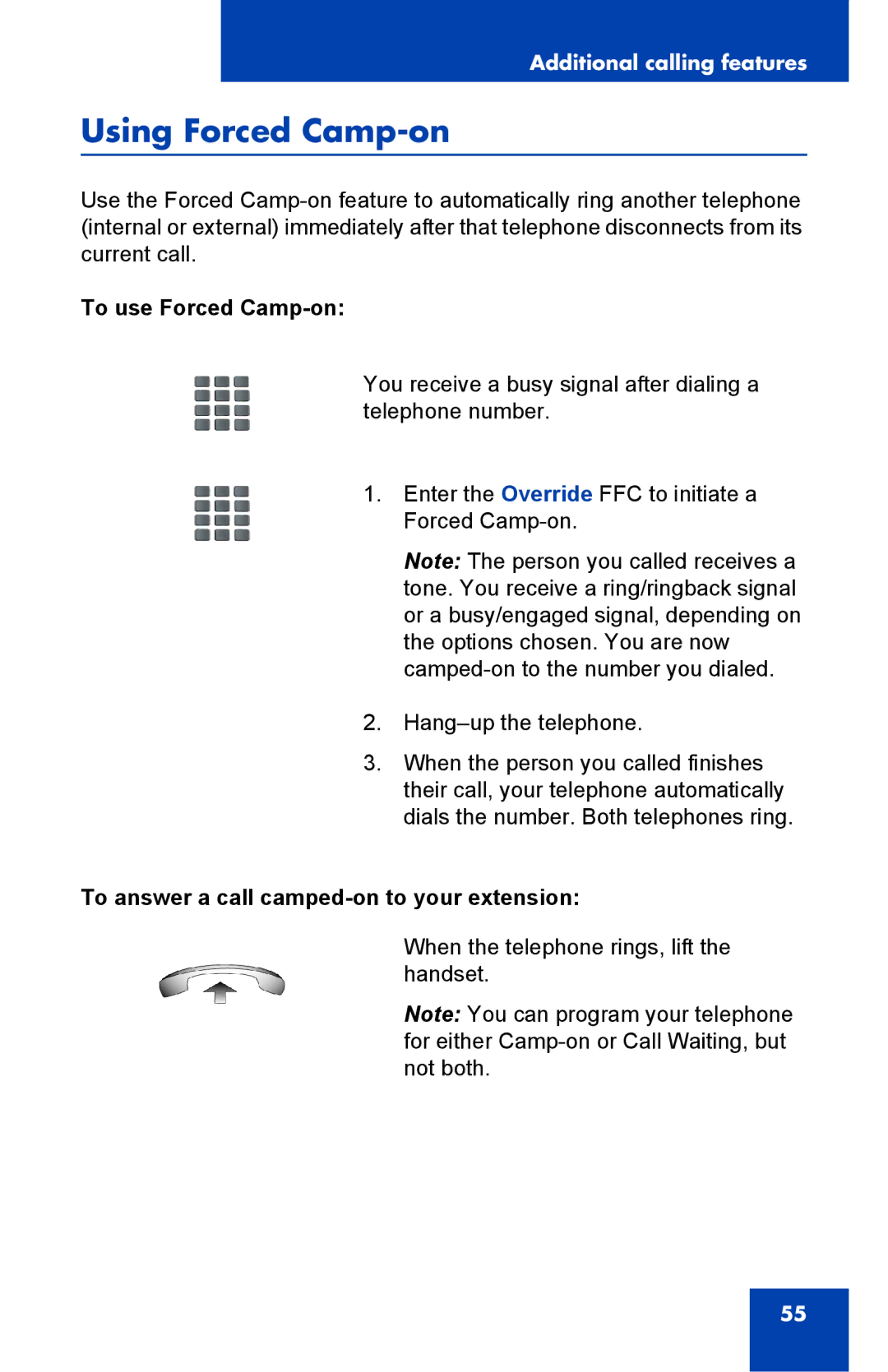 Panasonic 2001 manual Using Forced Camp-on, To use Forced Camp-on, To answer a call camped-on to your extension 