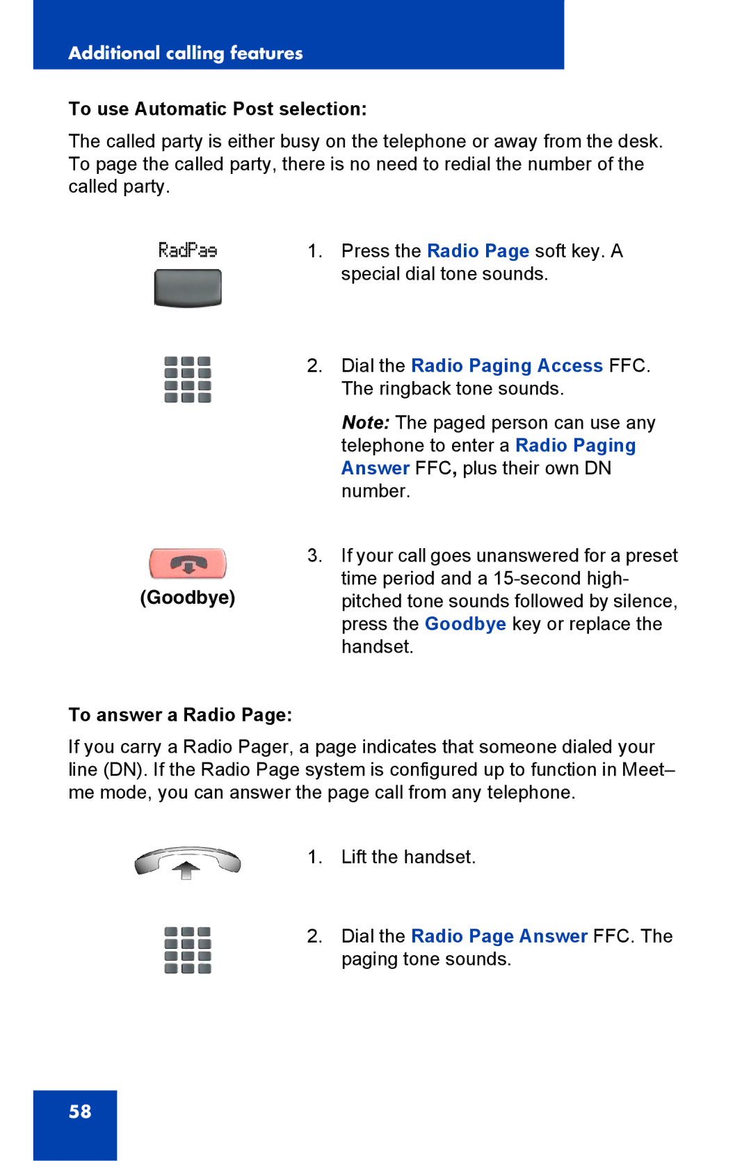 Panasonic 2001 manual To use Automatic Post selection, Dial the Radio Paging Access FFC. The ringback tone sounds 