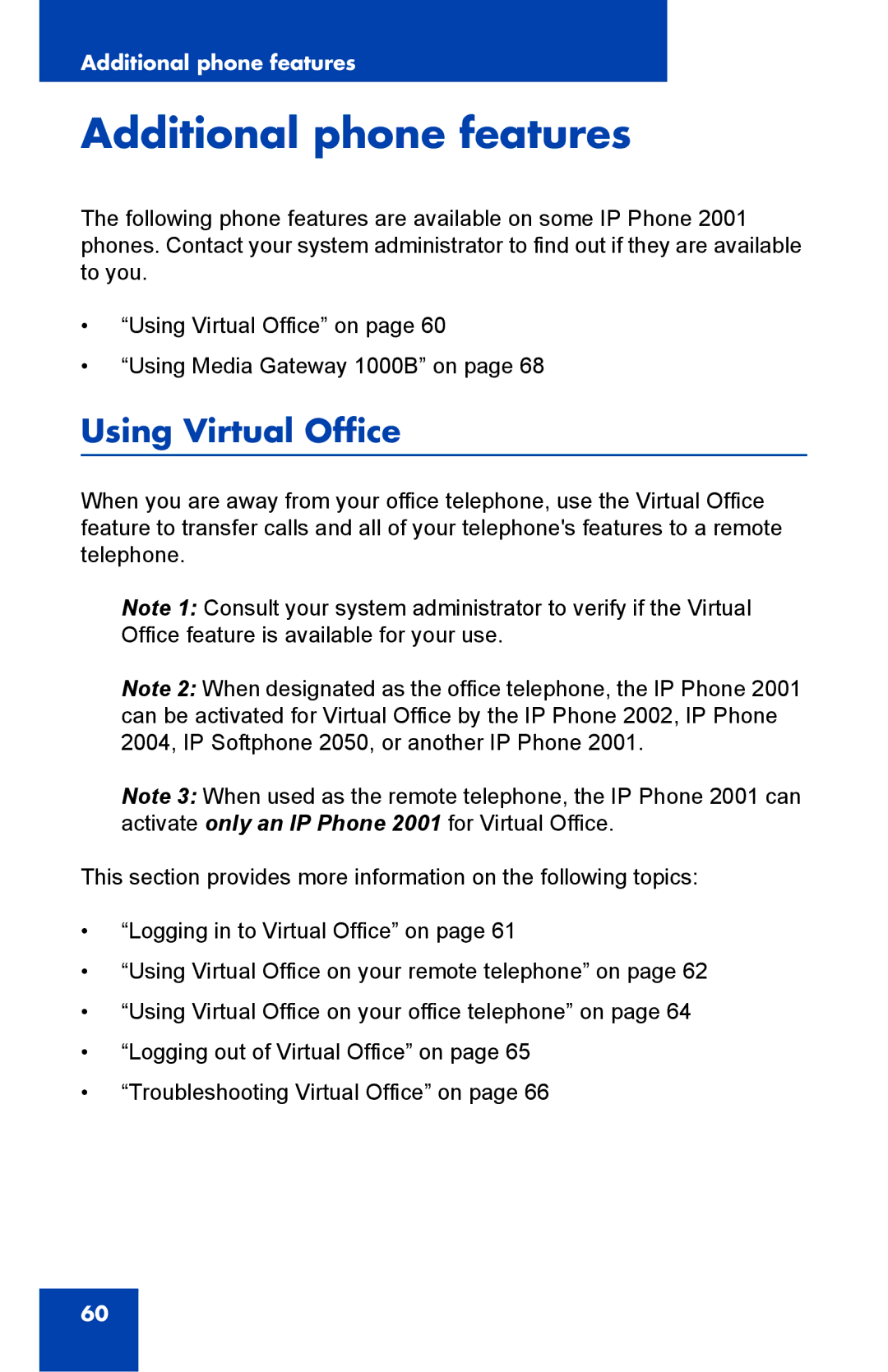 Panasonic 2001 manual Additional phone features, Using Virtual Office 