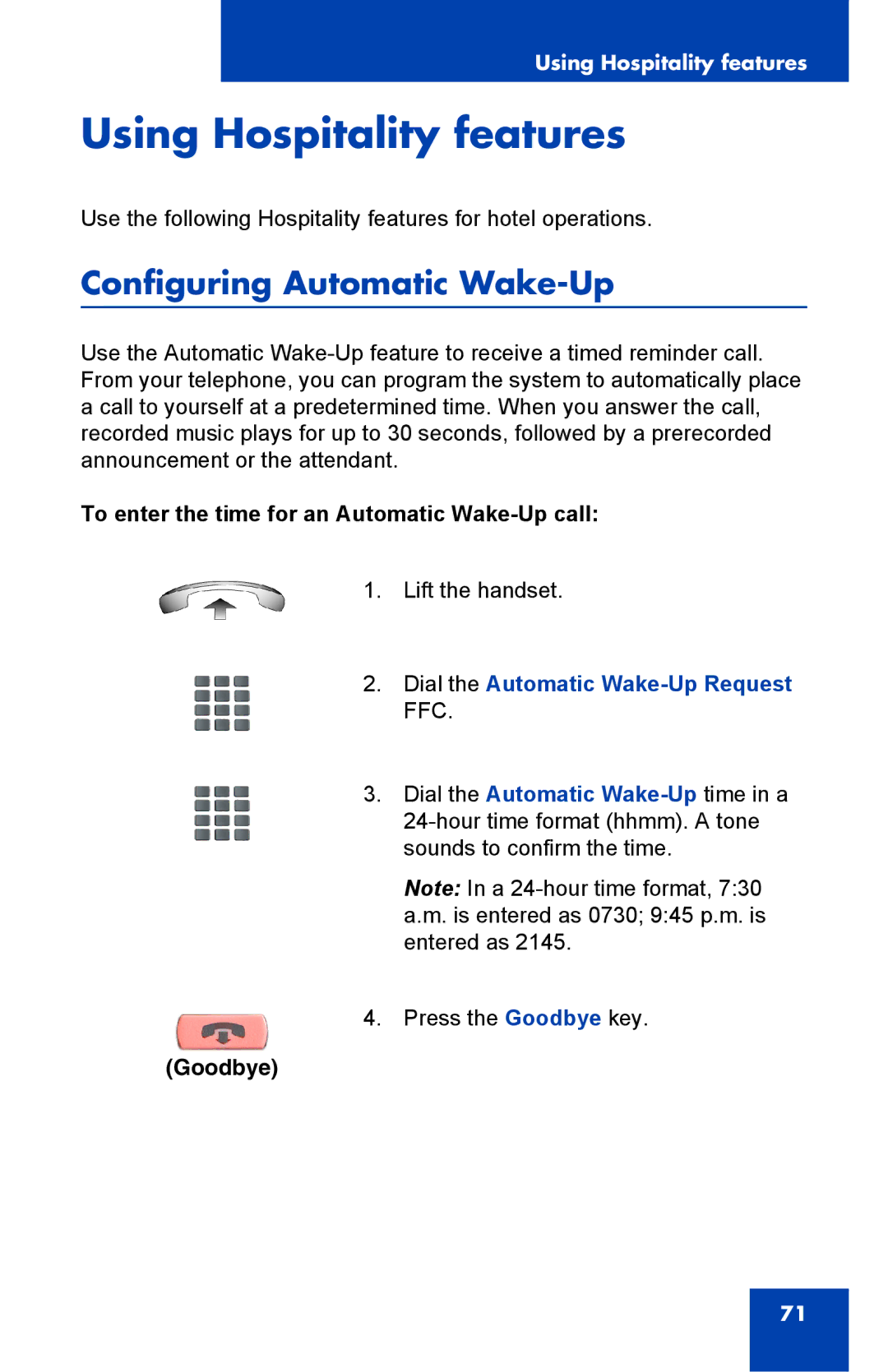 Panasonic 2001 Using Hospitality features, Configuring Automatic Wake-Up, To enter the time for an Automatic Wake-Up call 