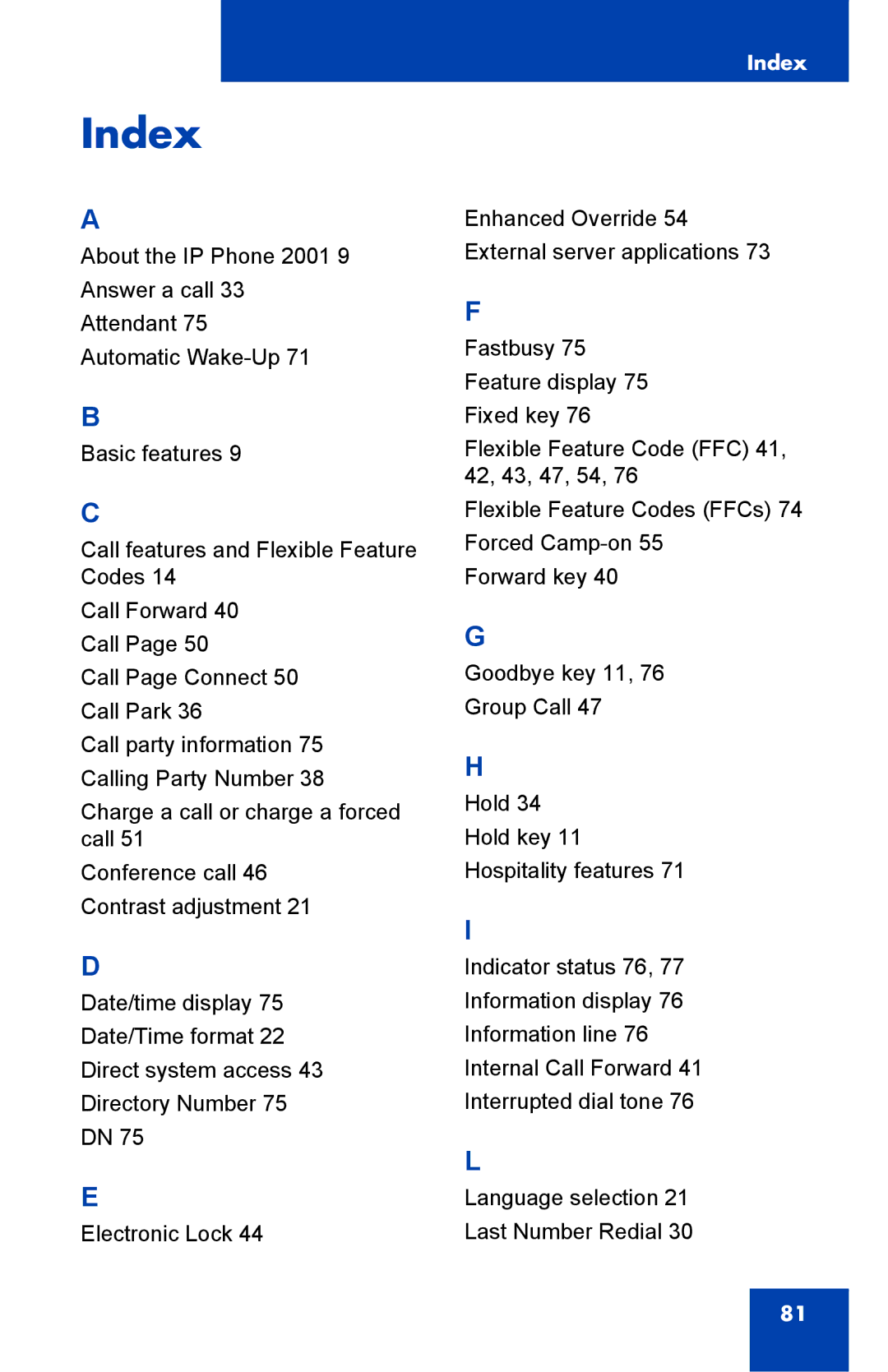 Panasonic 2001 manual Index 