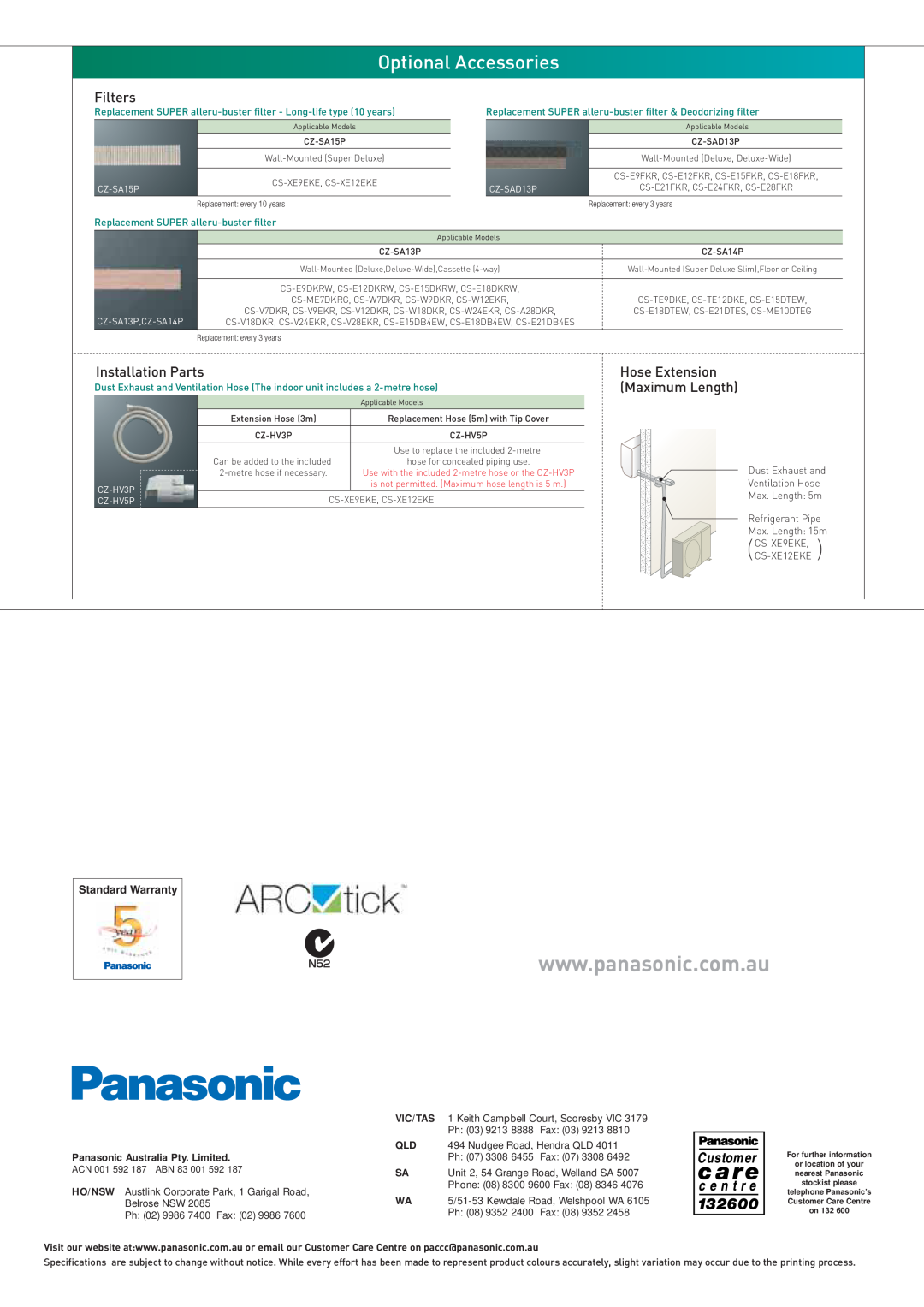 Panasonic 2006/2007 Optional Accessories, Filters, Installation Parts, Hose Extension Maximum Length, Standard Warranty 