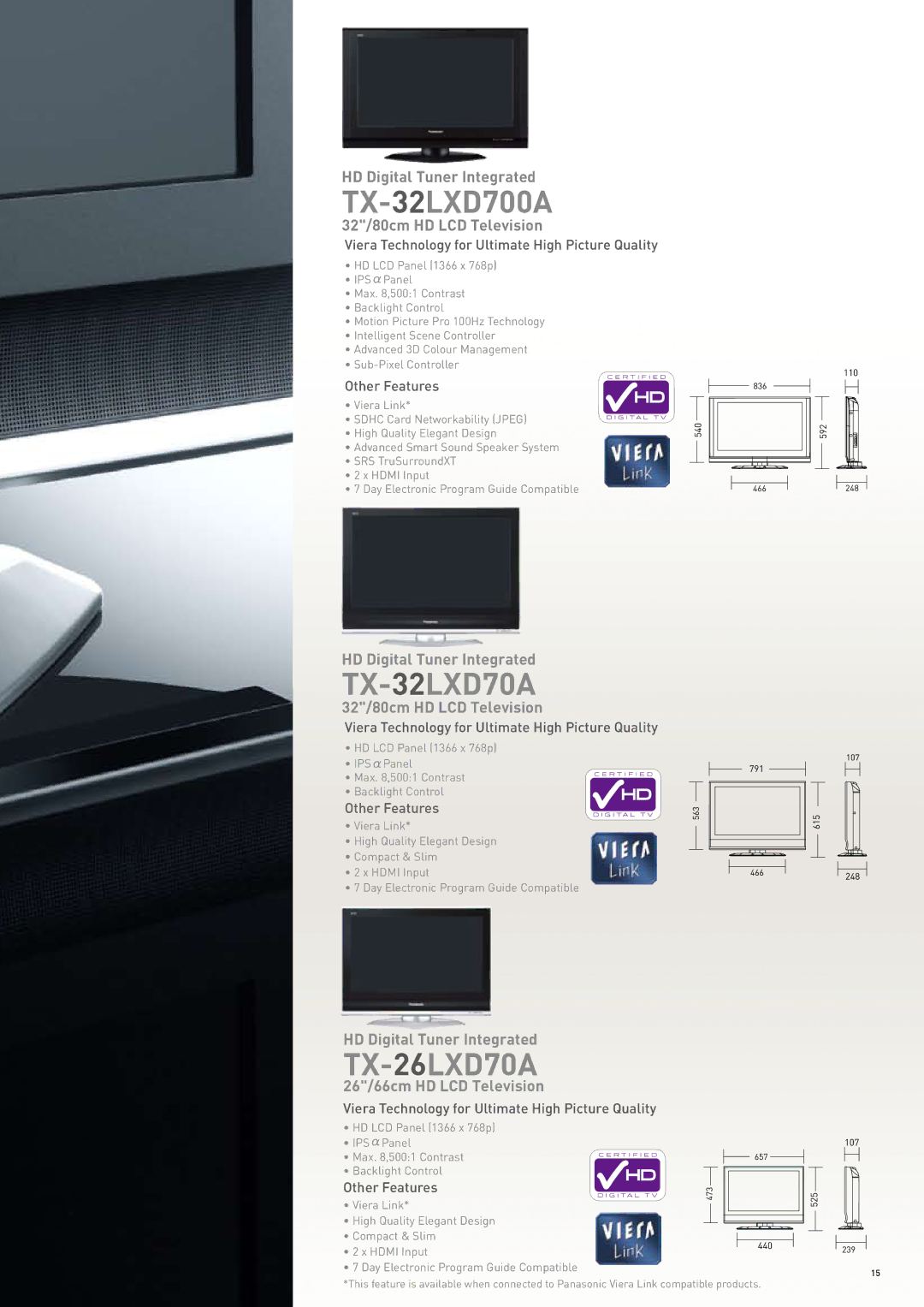 Panasonic 2007-2008 manual TX-32LXD700A, 32/80cm HD LCD Television, 26/66cm HD LCD Television 