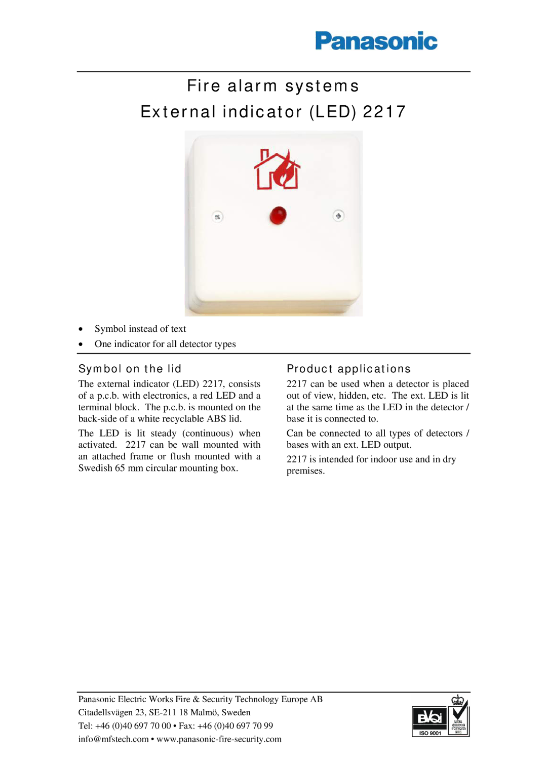 Panasonic 2217 manual Fire alarm systems External indicator LED, Symbol on the lid, Product applications 