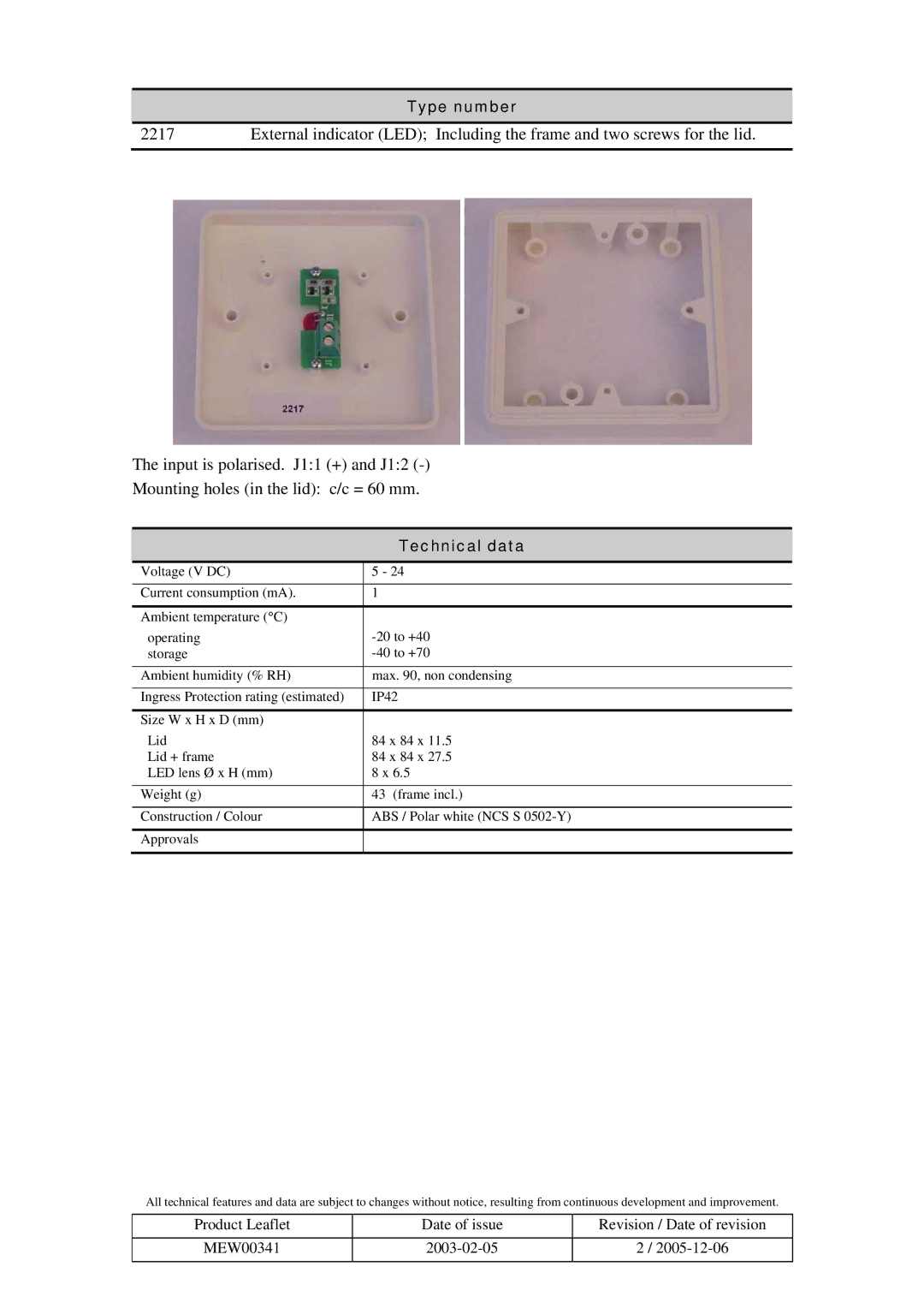 Panasonic 2217 manual Type number, Technical data 