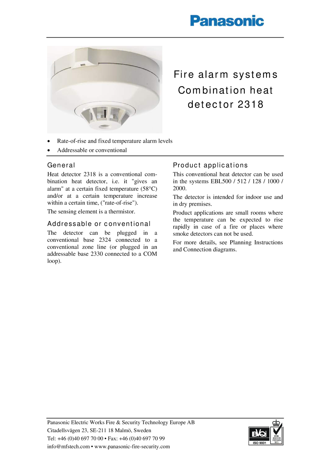 Panasonic 2318 manual Fire alarm systems Combination heat Detector, General, Addressable or conventional 