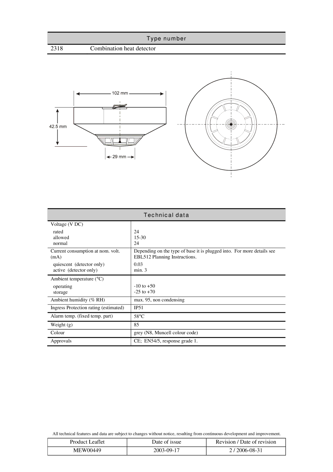 Panasonic 2318 manual Combination heat detector, Type number, Technical data 