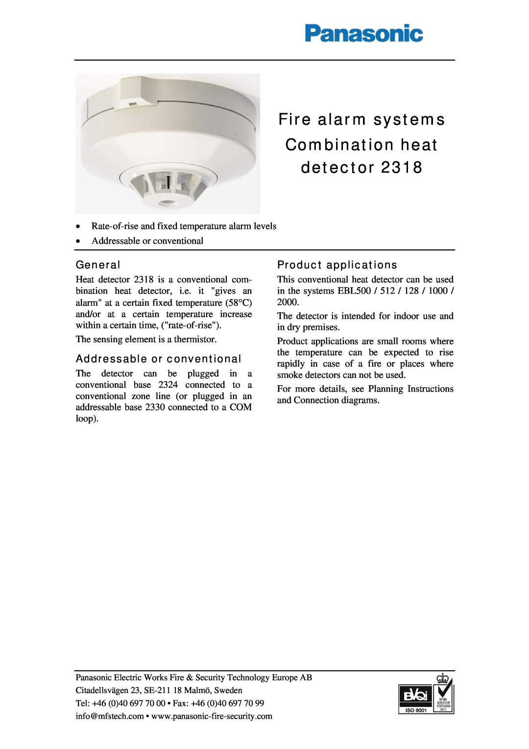 Panasonic 2318 manual Fire alarm systems Combination heat detector, General, Addressable or conventional 