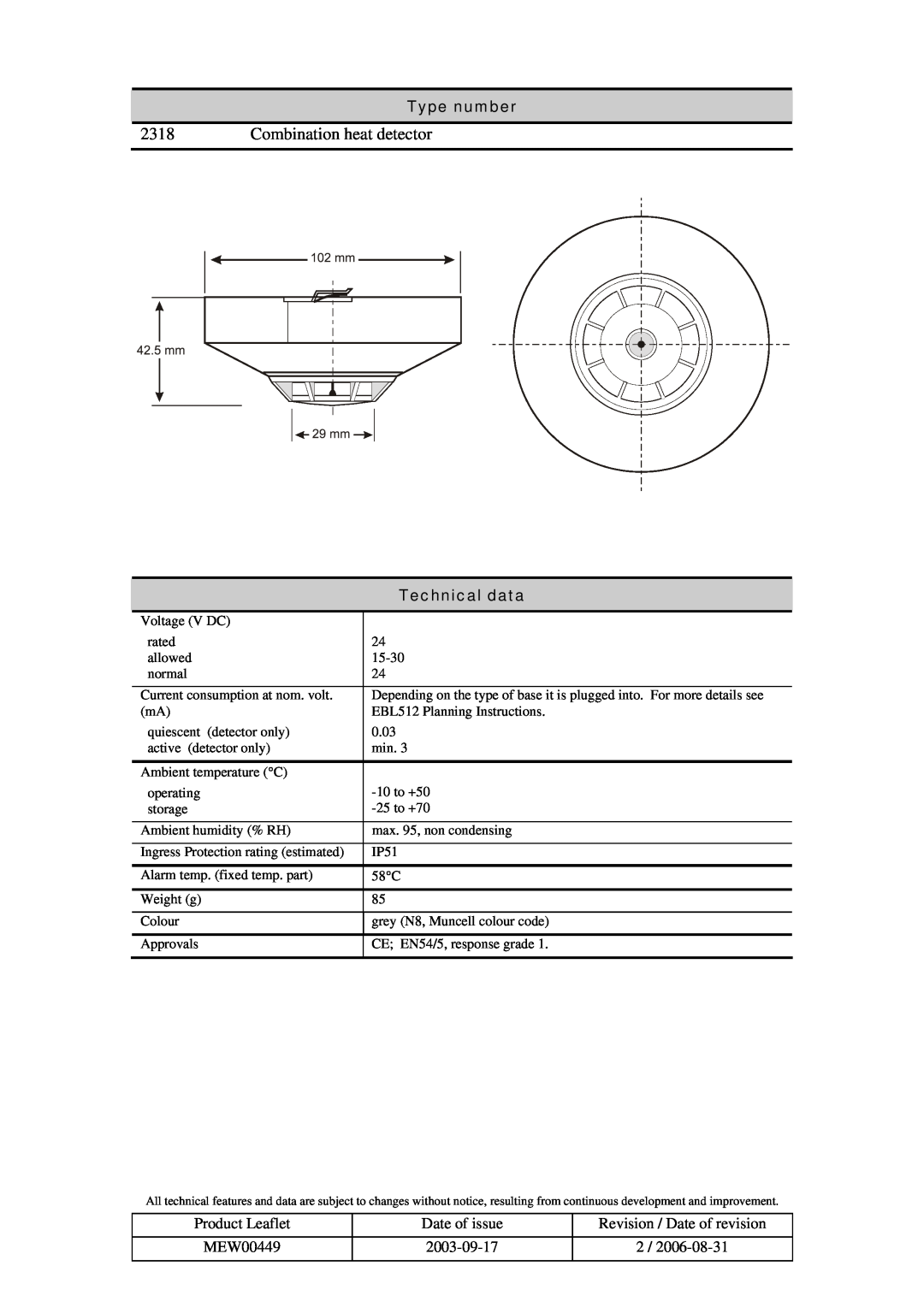 Panasonic 2318 manual Combination heat detector, Type number, Technical data 