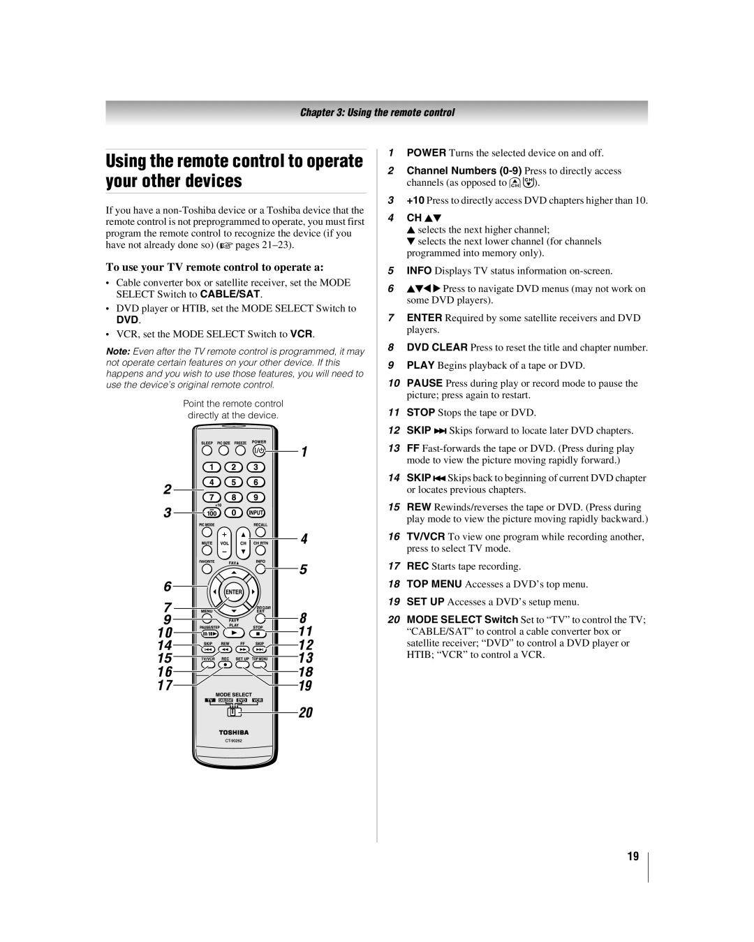 Panasonic 37HL57 Using the remote control to operate your other devices, To use your TV remote control to operate a, CH Bb 