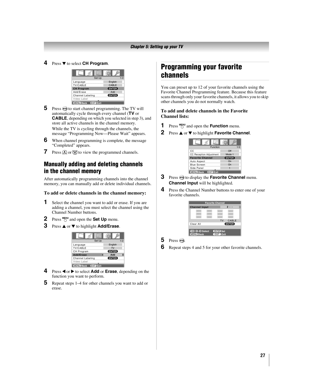 Panasonic 37HL57, 26HL57 Programming your favorite channels, Manually adding and deleting channels in the channel memory 