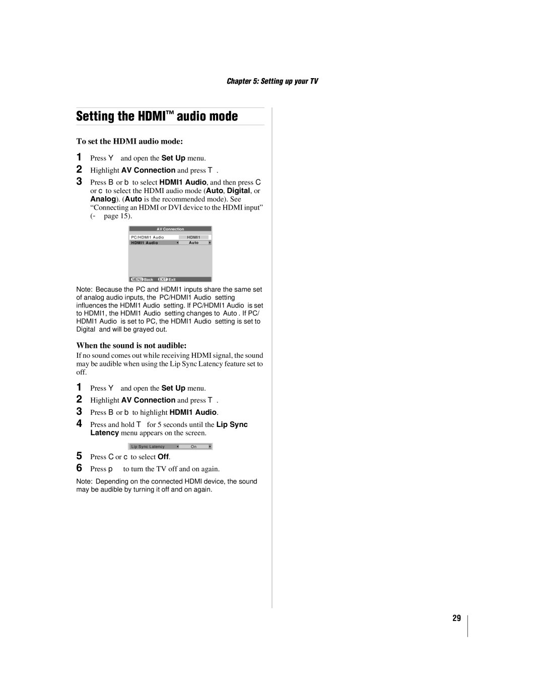 Panasonic 42HL57, 26HL57, 32HL57 Setting the Hdmi audio mode, To set the Hdmi audio mode, When the sound is not audible 