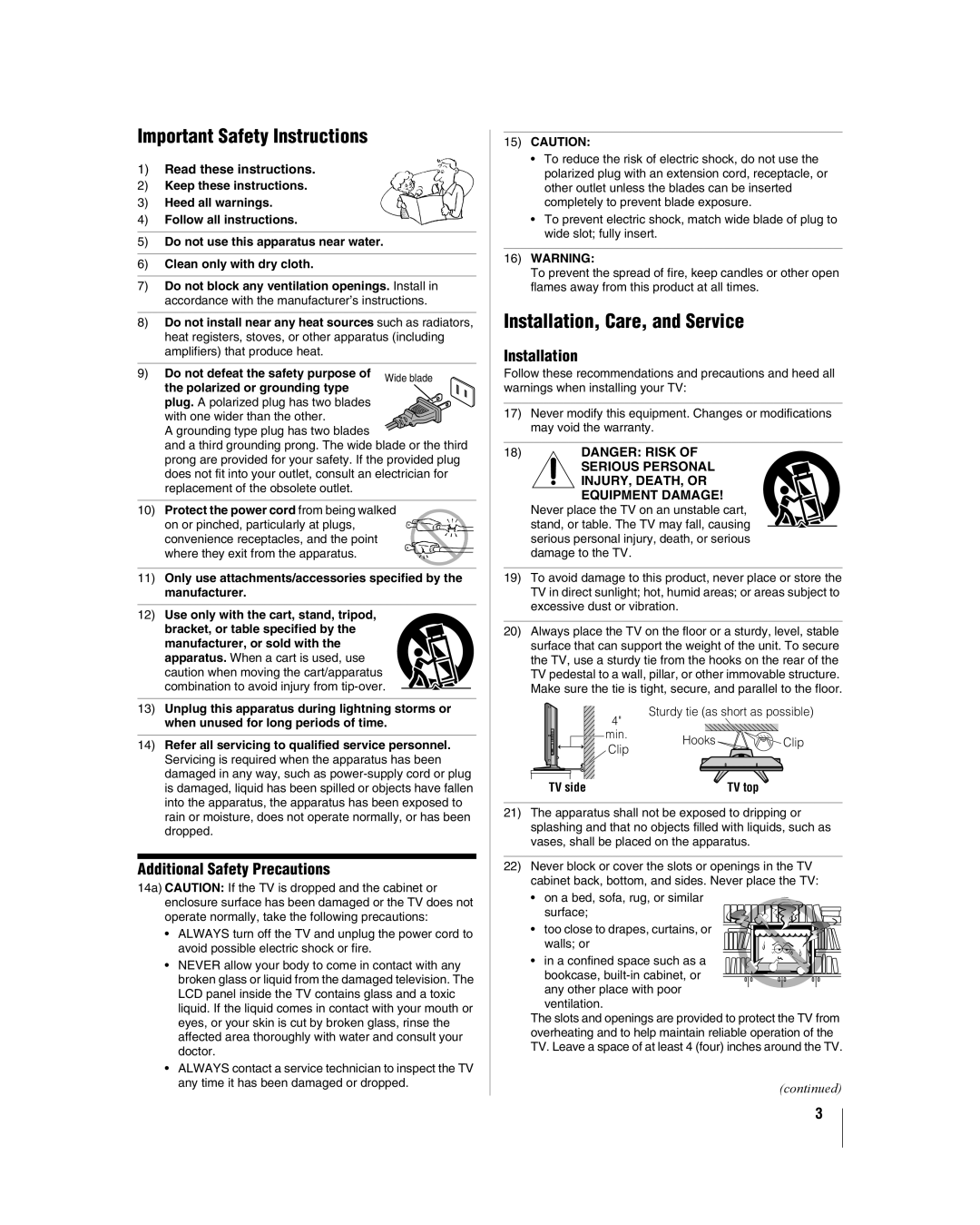 Panasonic 37HL57, 26HL57 Important Safety Instructions, Installation, Care, and Service, Additional Safety Precautions 