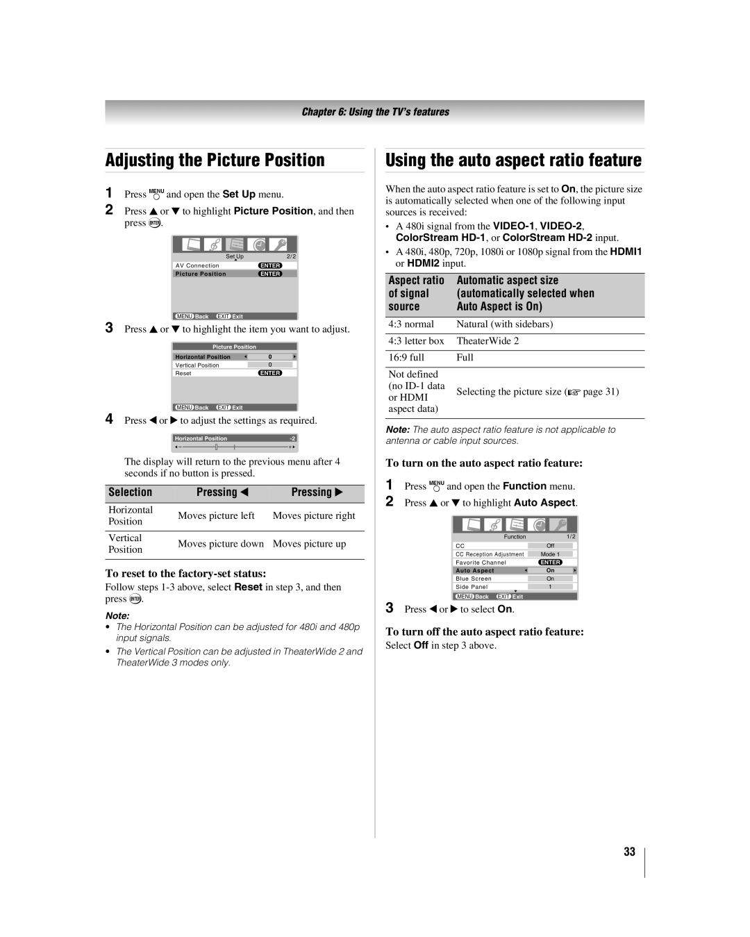 Panasonic 42HL57 Adjusting the Picture Position, Using the auto aspect ratio feature, Selection Pressing C Pressing c 