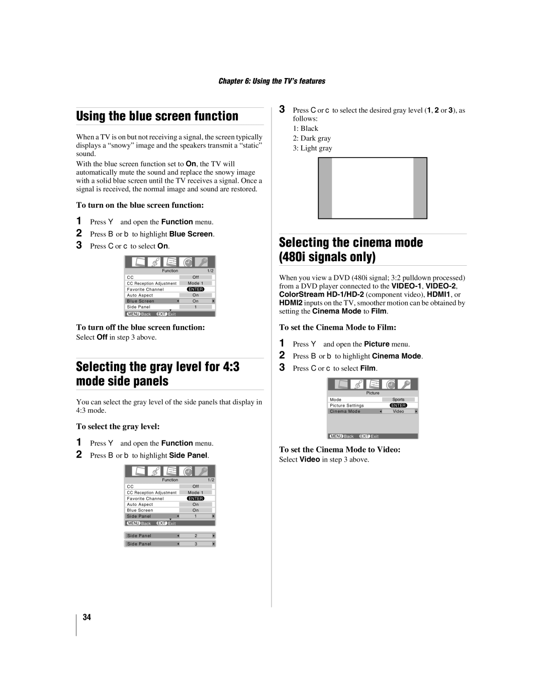 Panasonic 32HL57, 26HL57, 42HL57, 37HL57 Using the blue screen function, Selecting the gray level for 43 mode side panels 