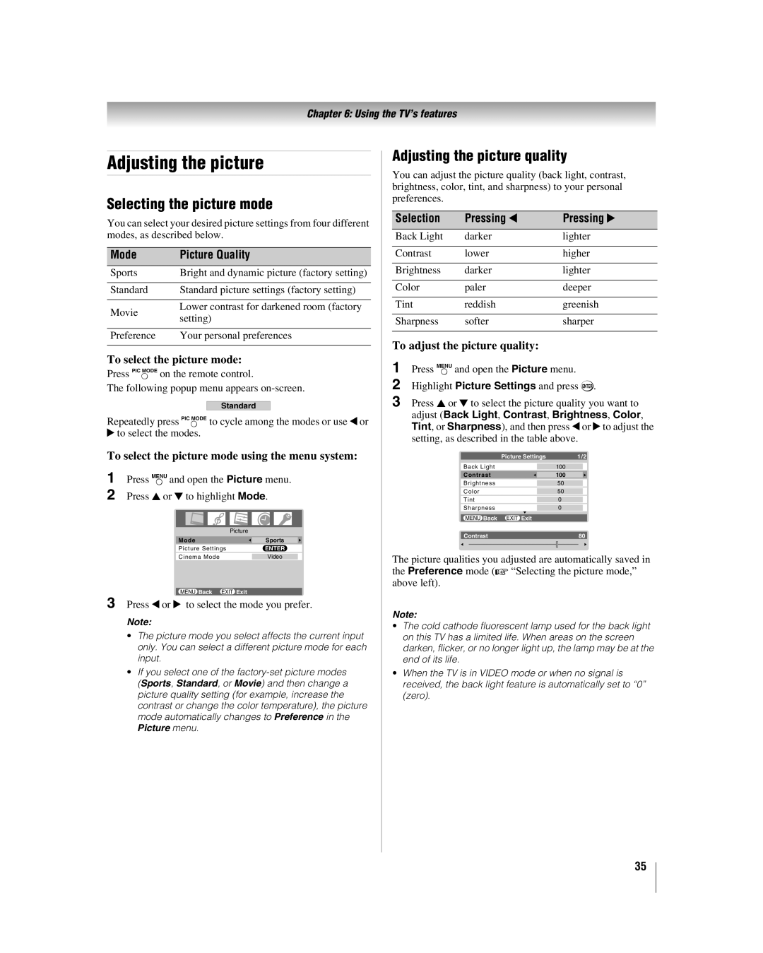 Panasonic 37HL57, 26HL57, 42HL57, 32HL57 Selecting the picture mode, Adjusting the picture quality, Mode Picture Quality 