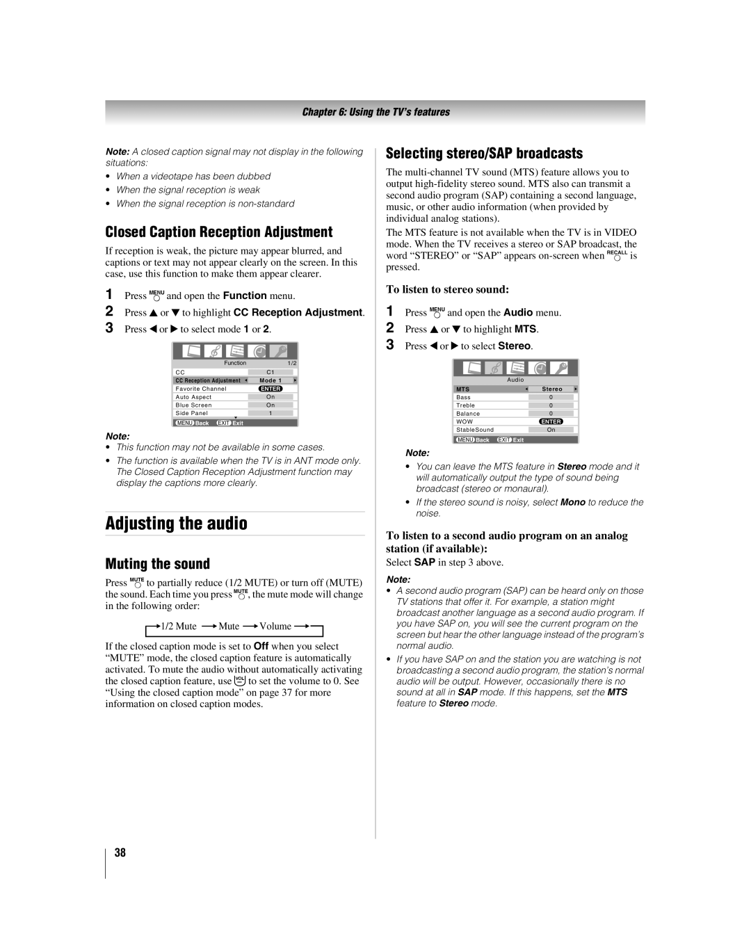 Panasonic 32HL57 Adjusting the audio, Closed Caption Reception Adjustment, Muting the sound, To listen to stereo sound 