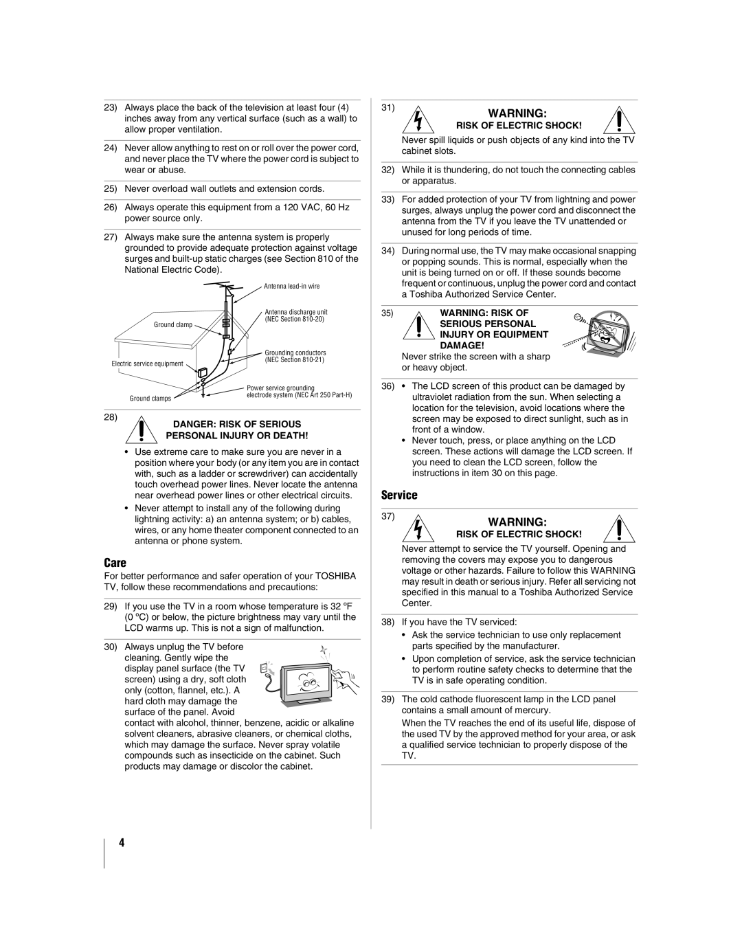 Panasonic 26HL57, 42HL57, 32HL57, 37HL57 manual Care, Service 