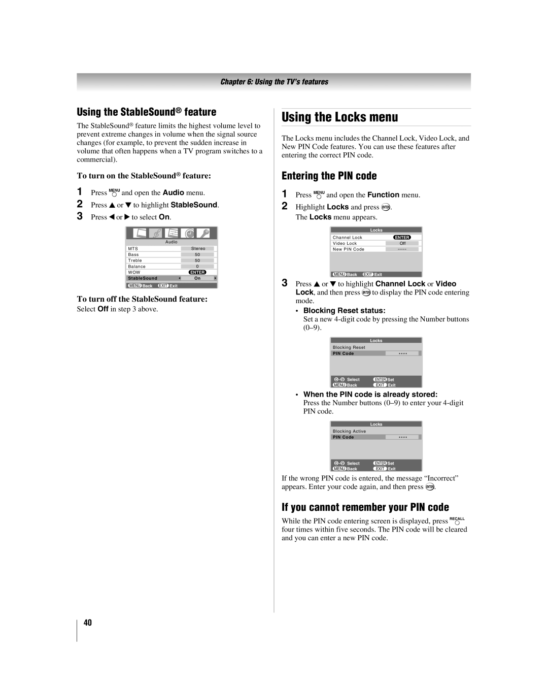 Panasonic 26HL57, 42HL57, 32HL57, 37HL57 manual Using the Locks menu, Using the StableSound feature, Entering the PIN code 