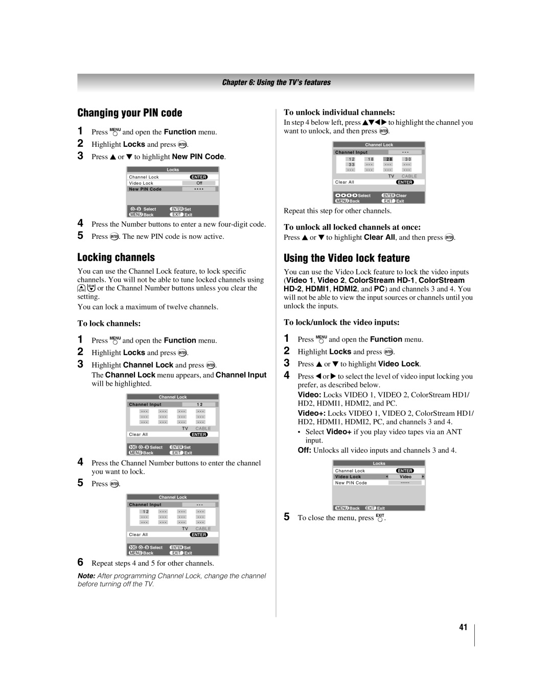 Panasonic 42HL57, 26HL57, 32HL57, 37HL57 manual Changing your PIN code, Locking channels, Using the Video lock feature 