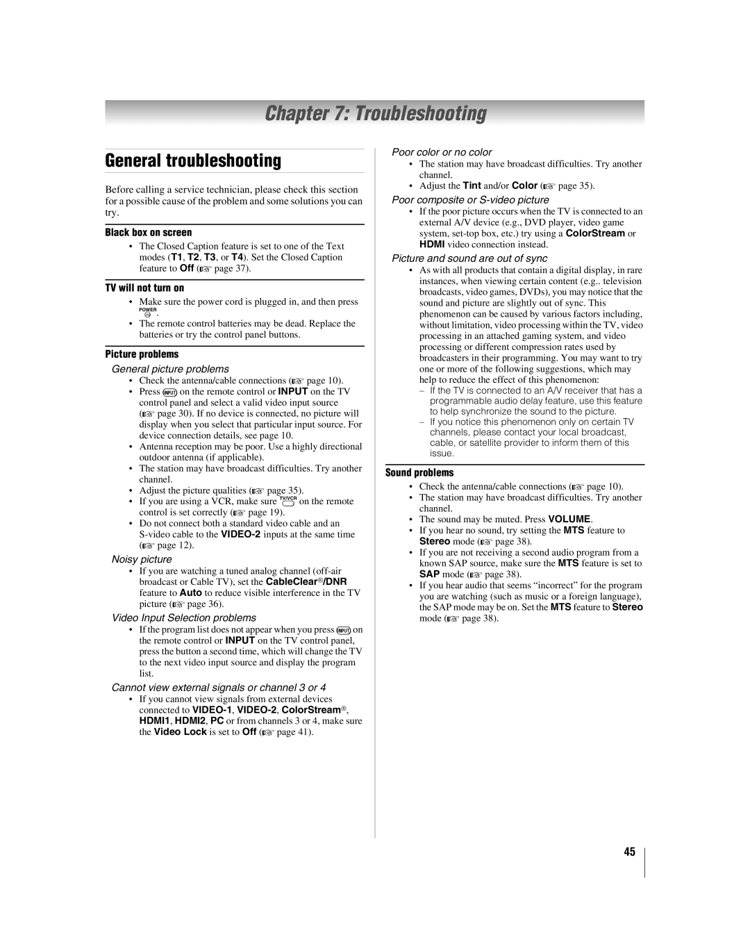 Panasonic 42HL57, 26HL57, 32HL57, 37HL57 manual Troubleshooting, General troubleshooting 