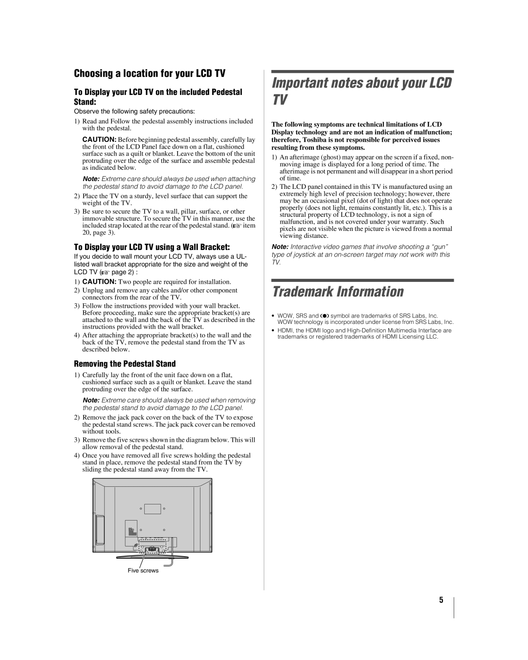 Panasonic 42HL57, 26HL57 Important notes about your LCD TV, Trademark Information, Choosing a location for your LCD TV 