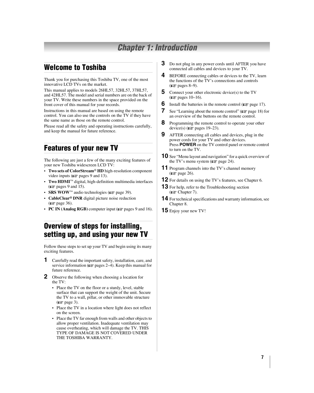 Panasonic 37HL57, 26HL57, 42HL57, 32HL57 manual Introduction, Welcome to Toshiba, Features of your new TV 