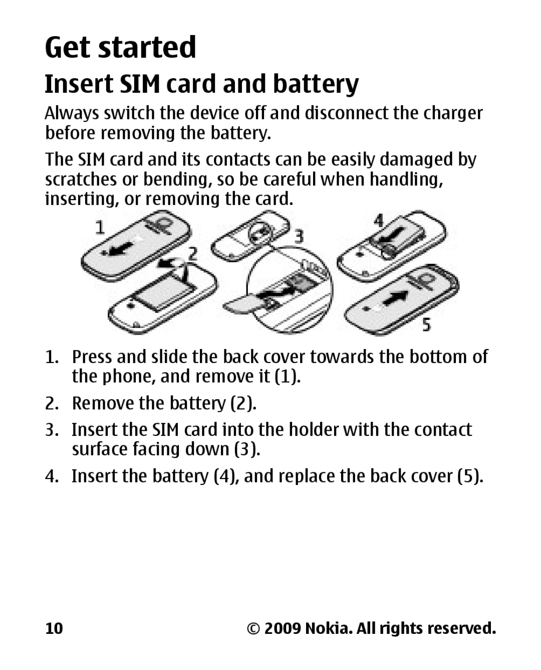 Panasonic 2700 manual Get started, Insert SIM card and battery 