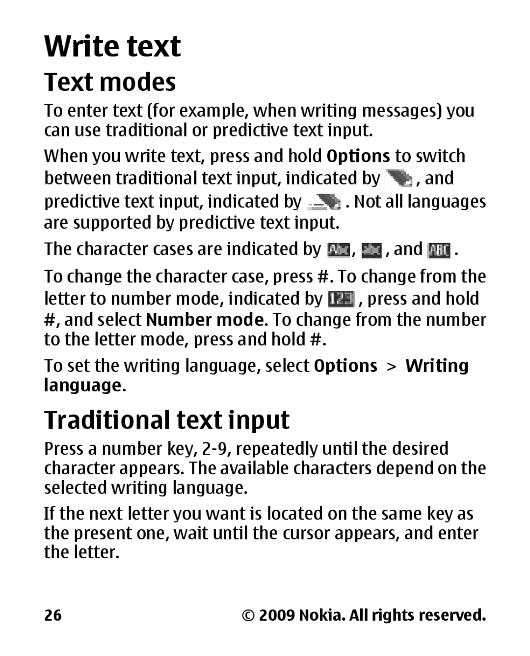 Panasonic 2700 manual Write text, Text modes, Traditional text input 