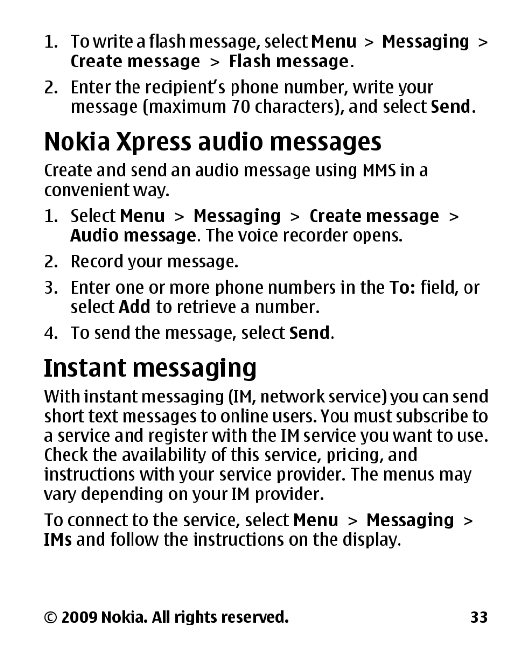 Panasonic 2700 manual Nokia Xpress audio messages, Instant messaging, Create message Flash message 