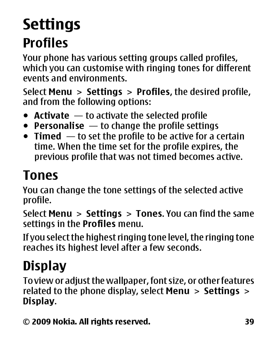 Panasonic 2700 manual Settings, Profiles, Tones, Display 