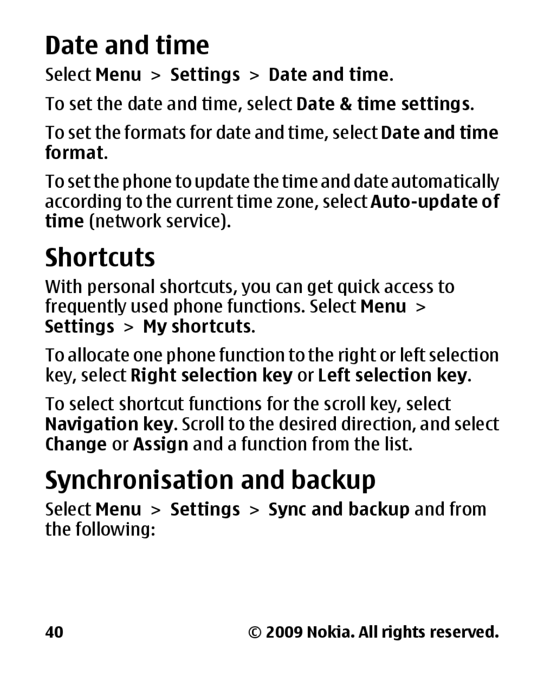 Panasonic 2700 manual Shortcuts, Synchronisation and backup, Select Menu Settings Date and time 