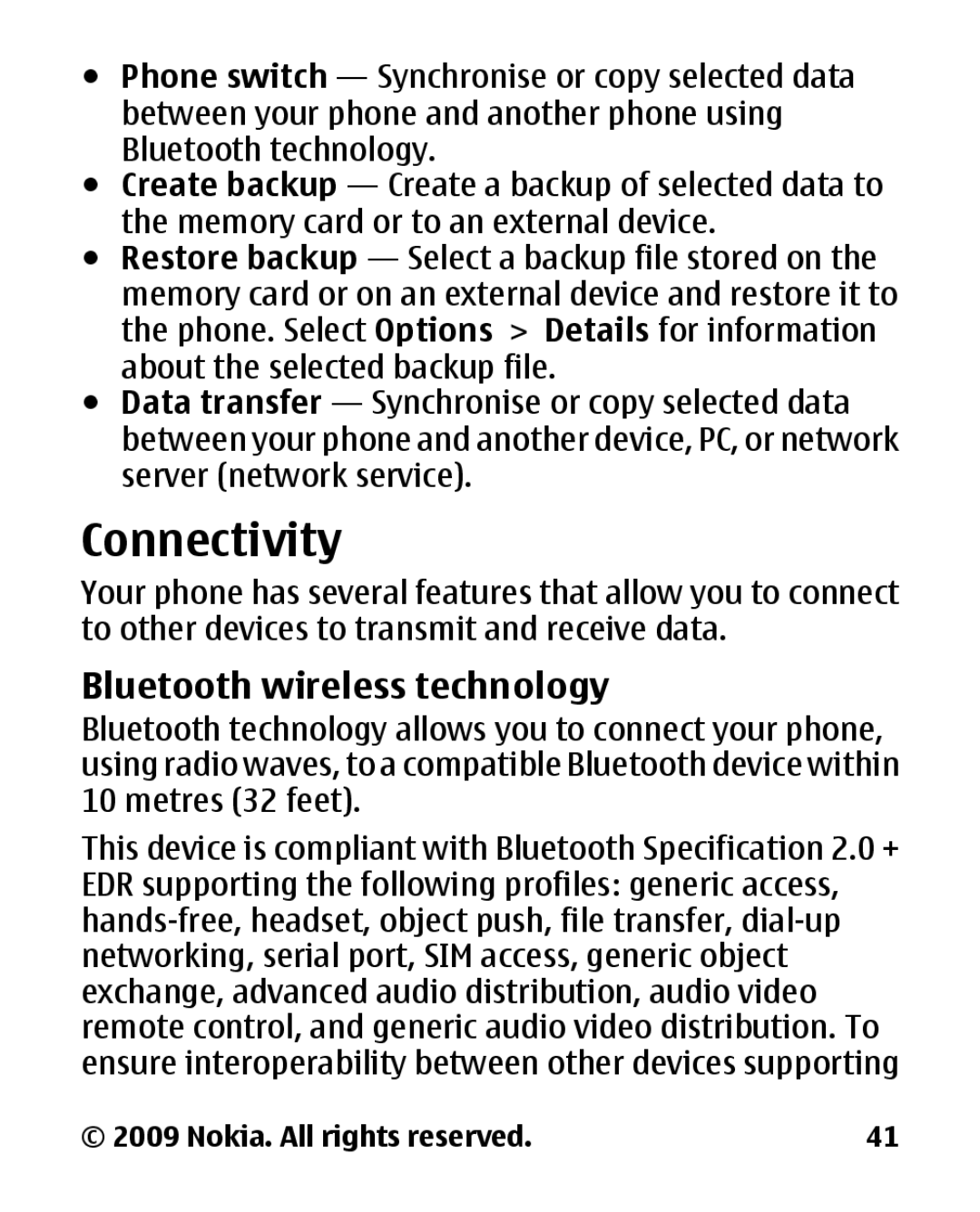 Panasonic 2700 manual Connectivity, Bluetooth wireless technology 