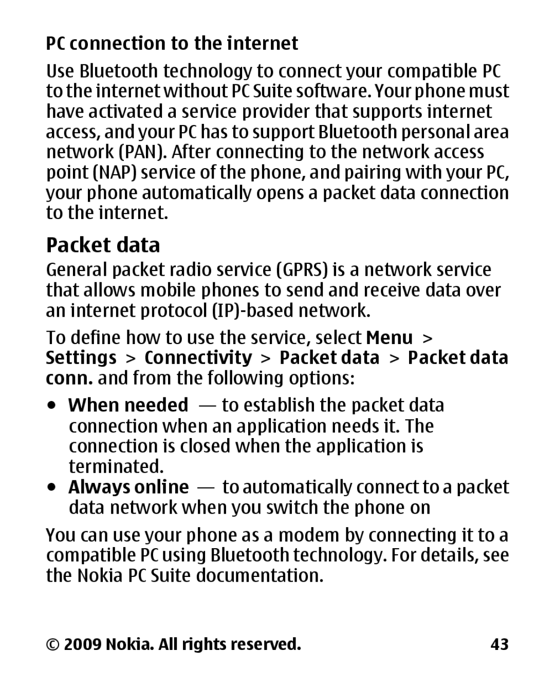 Panasonic 2700 manual Packet data, PC connection to the internet 