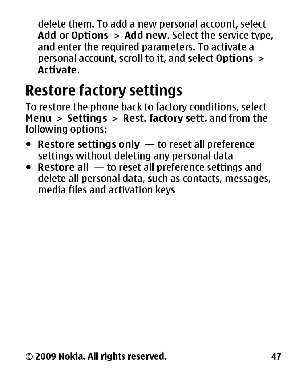 Panasonic 2700 manual Restore factory settings 