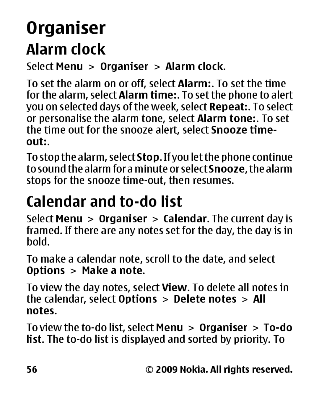 Panasonic 2700 manual Calendar and to-do list, Select Menu Organiser Alarm clock 