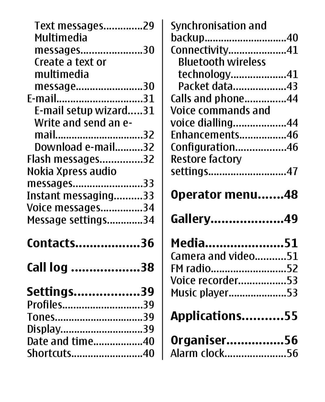 Panasonic 2700 manual Contacts Call log Settings, Operator menu Gallery Media, Applications Organiser 