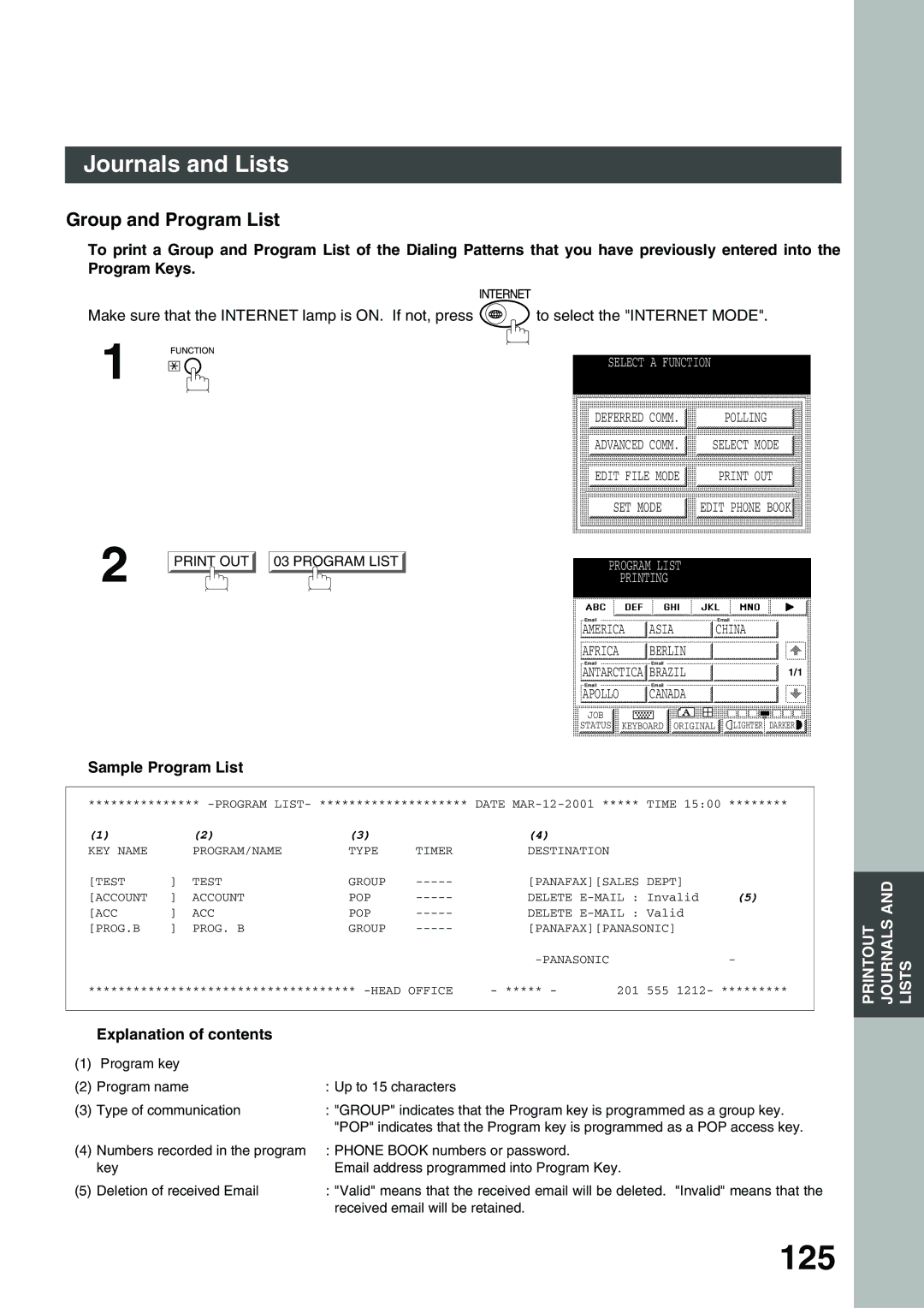 Panasonic 3000 warranty 125, Group and Program List, Sample Program List 