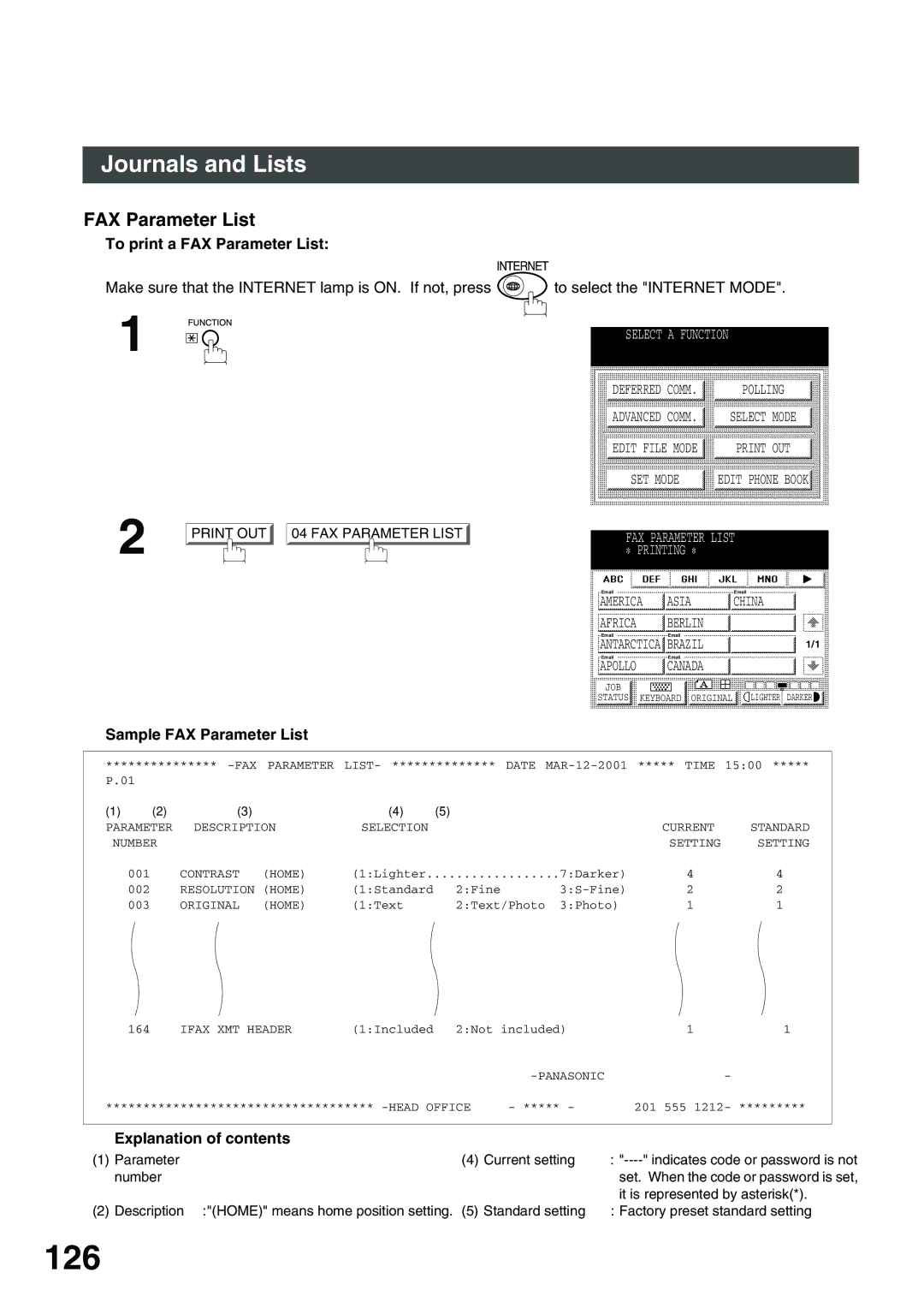 Panasonic 3000 warranty 126, To print a FAX Parameter List, Sample FAX Parameter List 